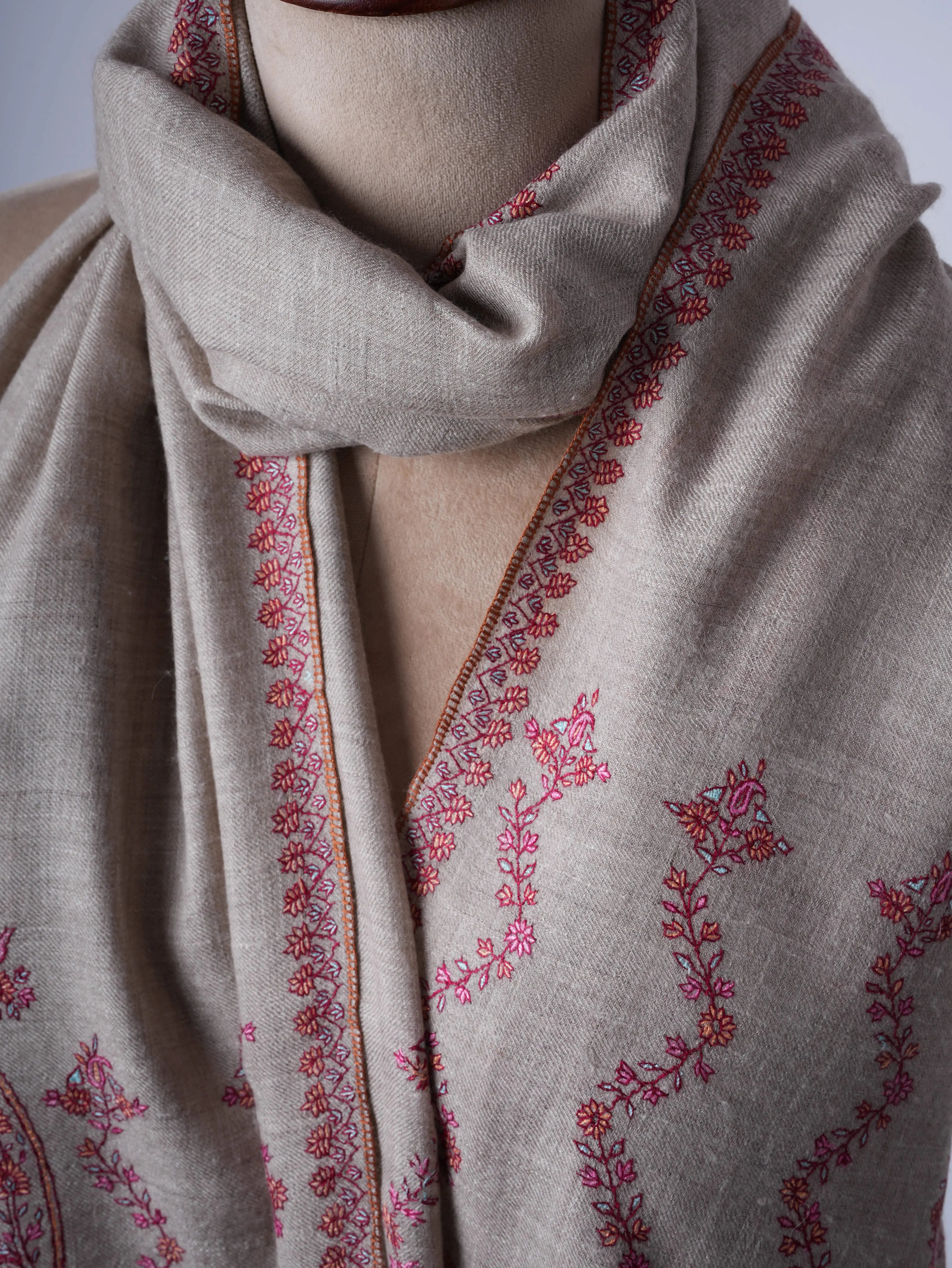 Natural Grey Baby Soft Cashmere Scarf with Fine Needlework Embroidery Shahkaar