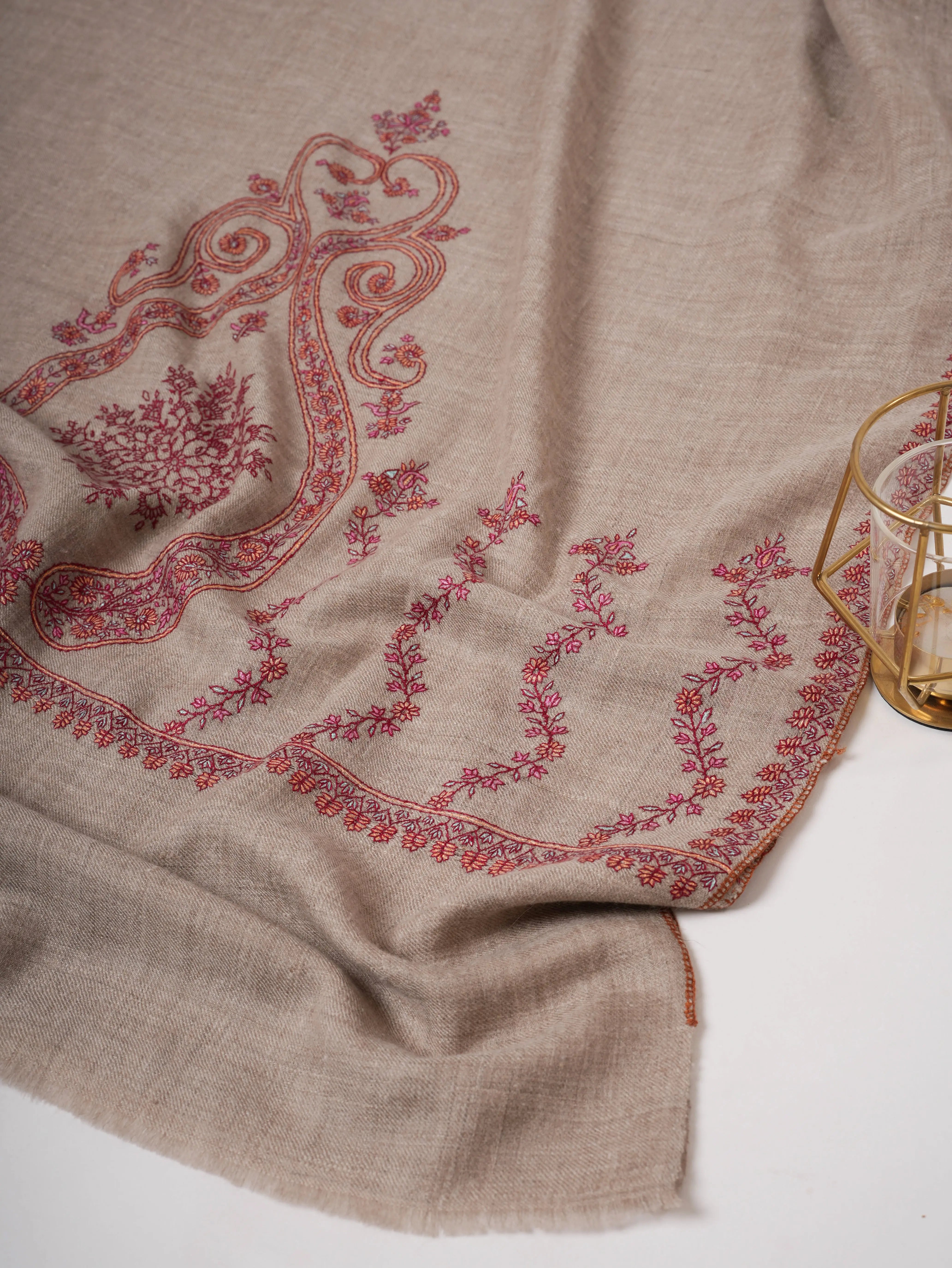 Natural Grey Baby Soft Cashmere Scarf with Fine Needlework Embroidery Shahkaar