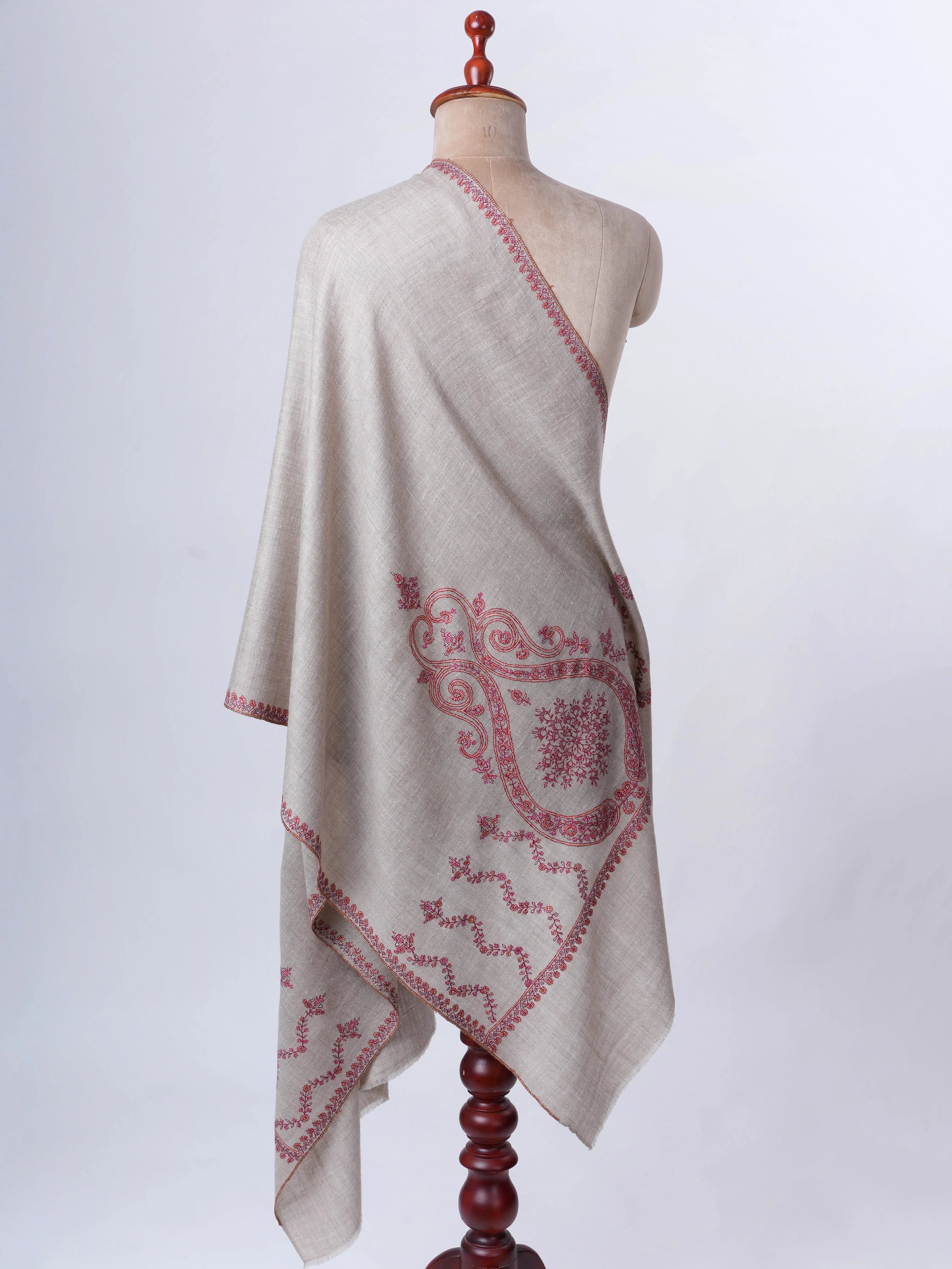 Natural Grey Baby Soft Cashmere Scarf with Fine Needlework Embroidery Shahkaar