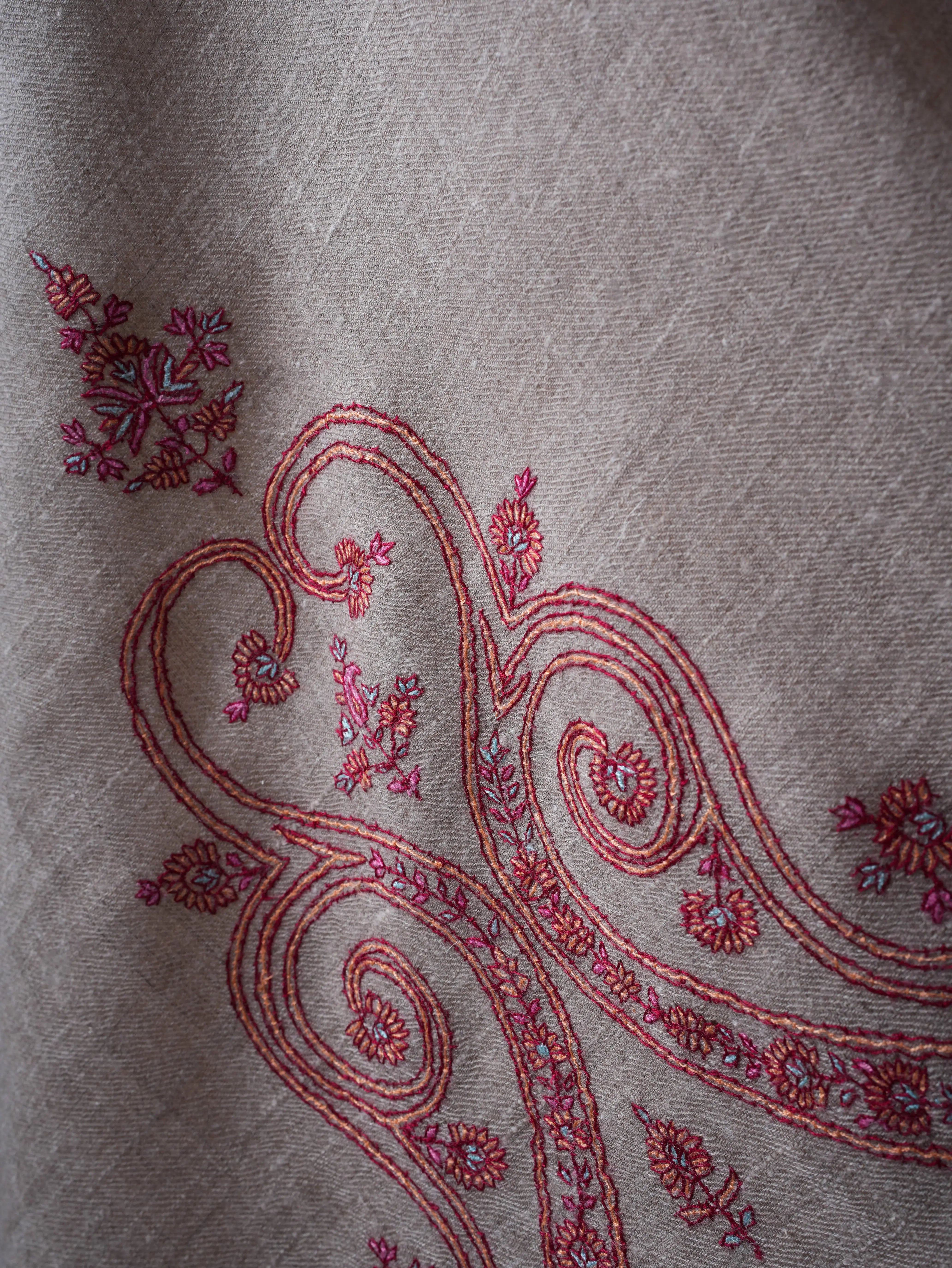 Natural Grey Baby Soft Cashmere Scarf with Fine Needlework Embroidery Shahkaar