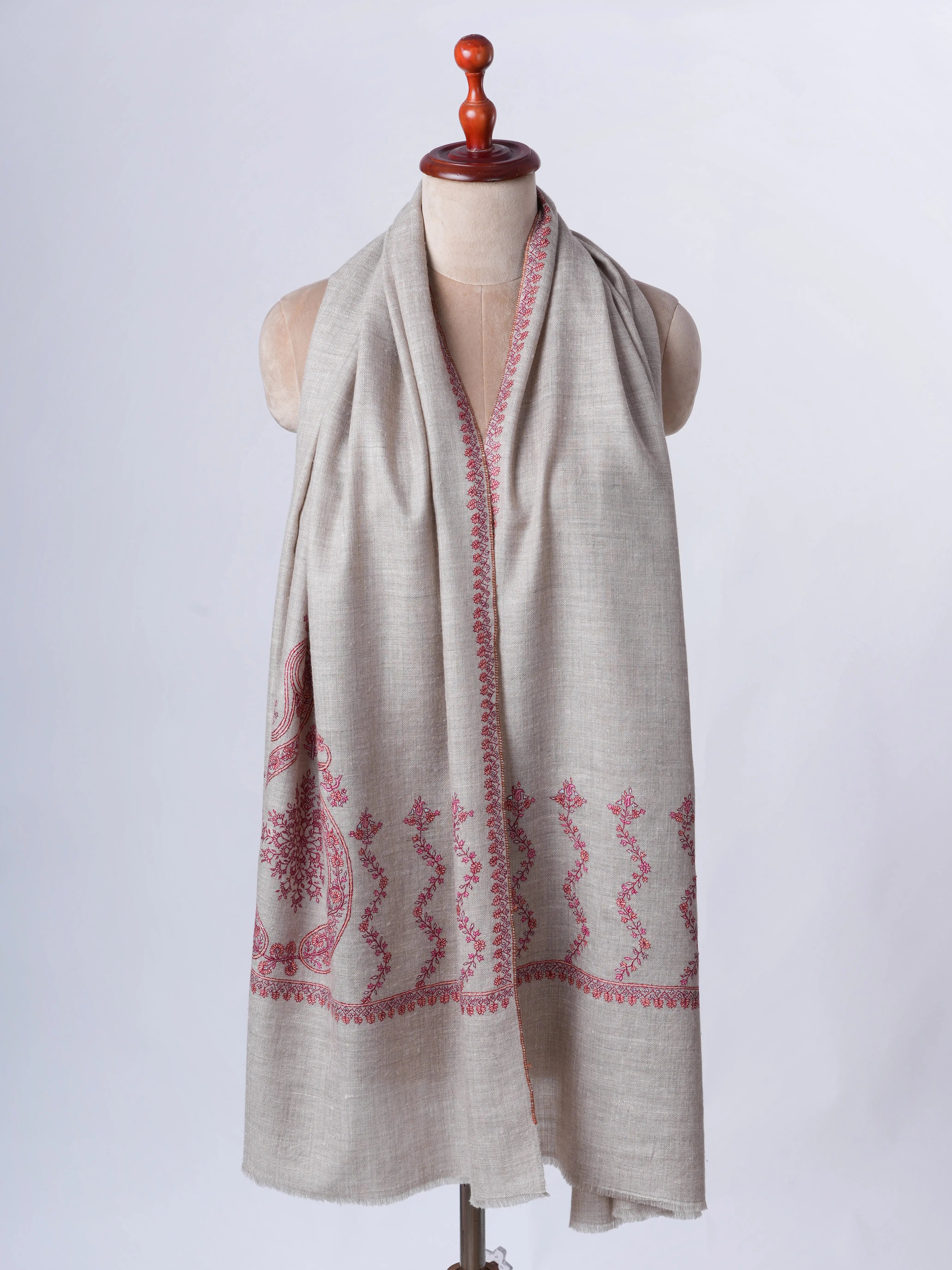 Natural Grey Baby Soft Cashmere Scarf with Fine Needlework Embroidery Shahkaar