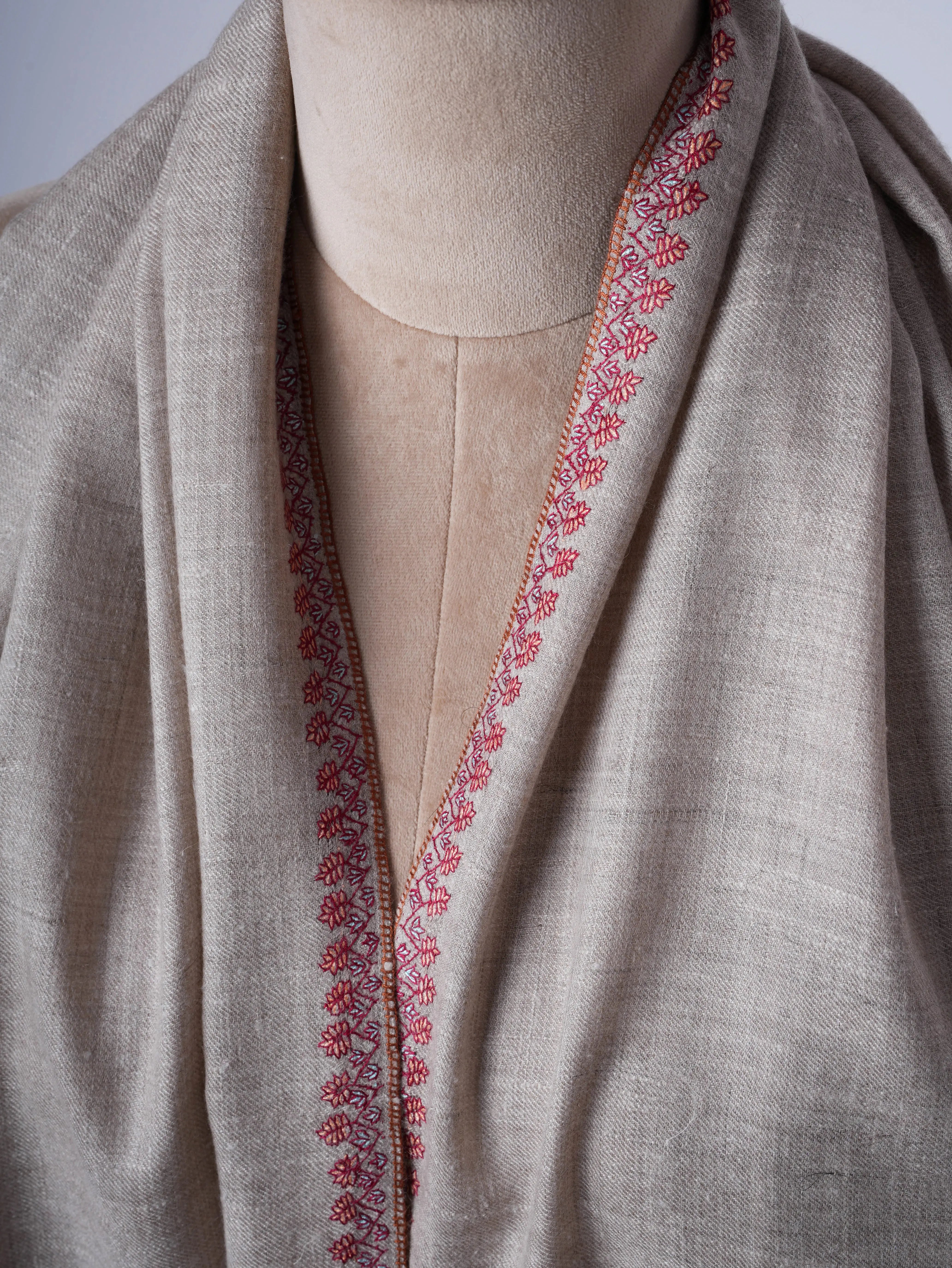 Natural Grey Baby Soft Cashmere Scarf with Fine Needlework Embroidery Shahkaar