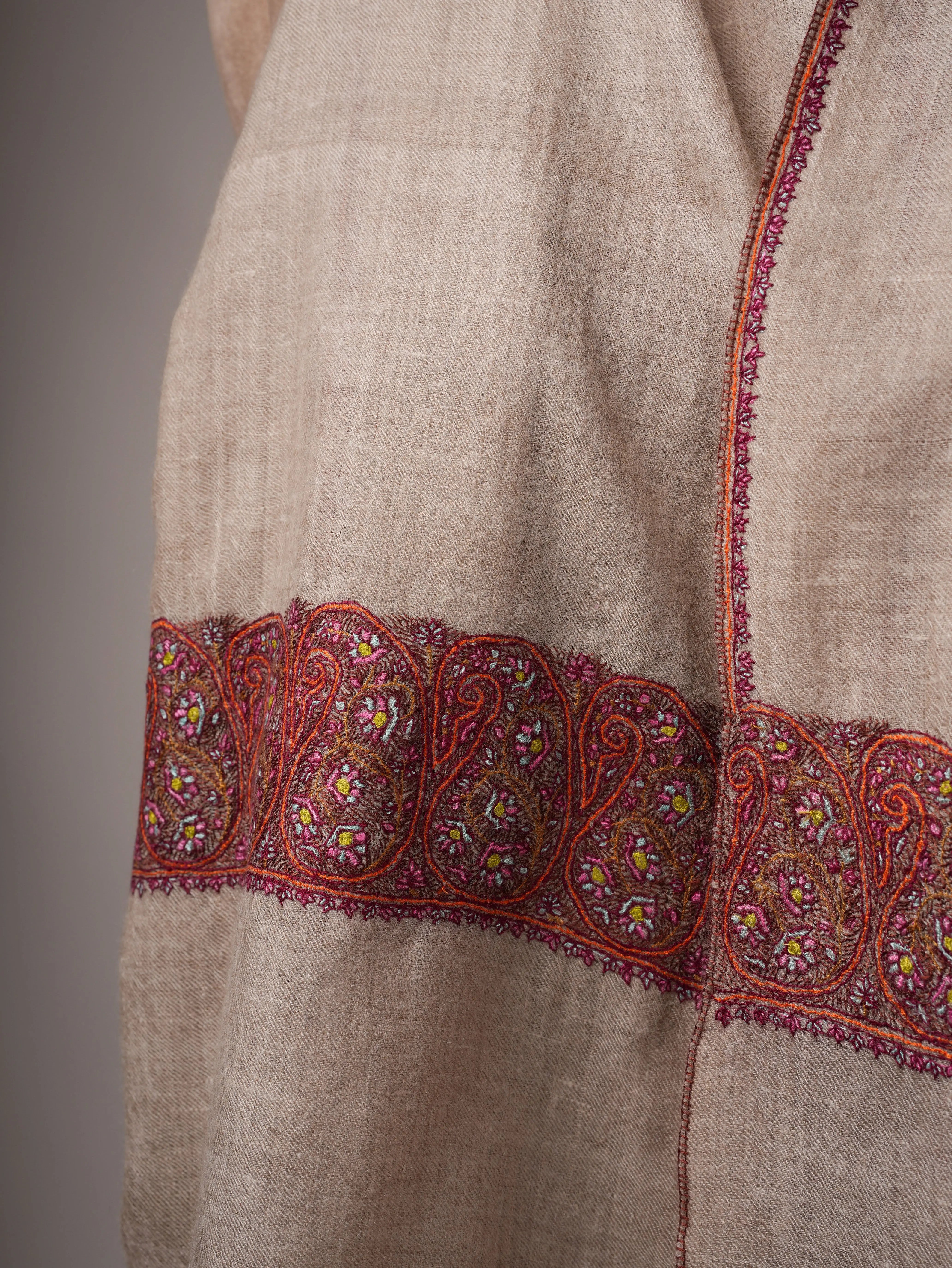 Natural Grey Baby Soft Cashmere Scarf with Hand-Embroidered Palla Shahkaar