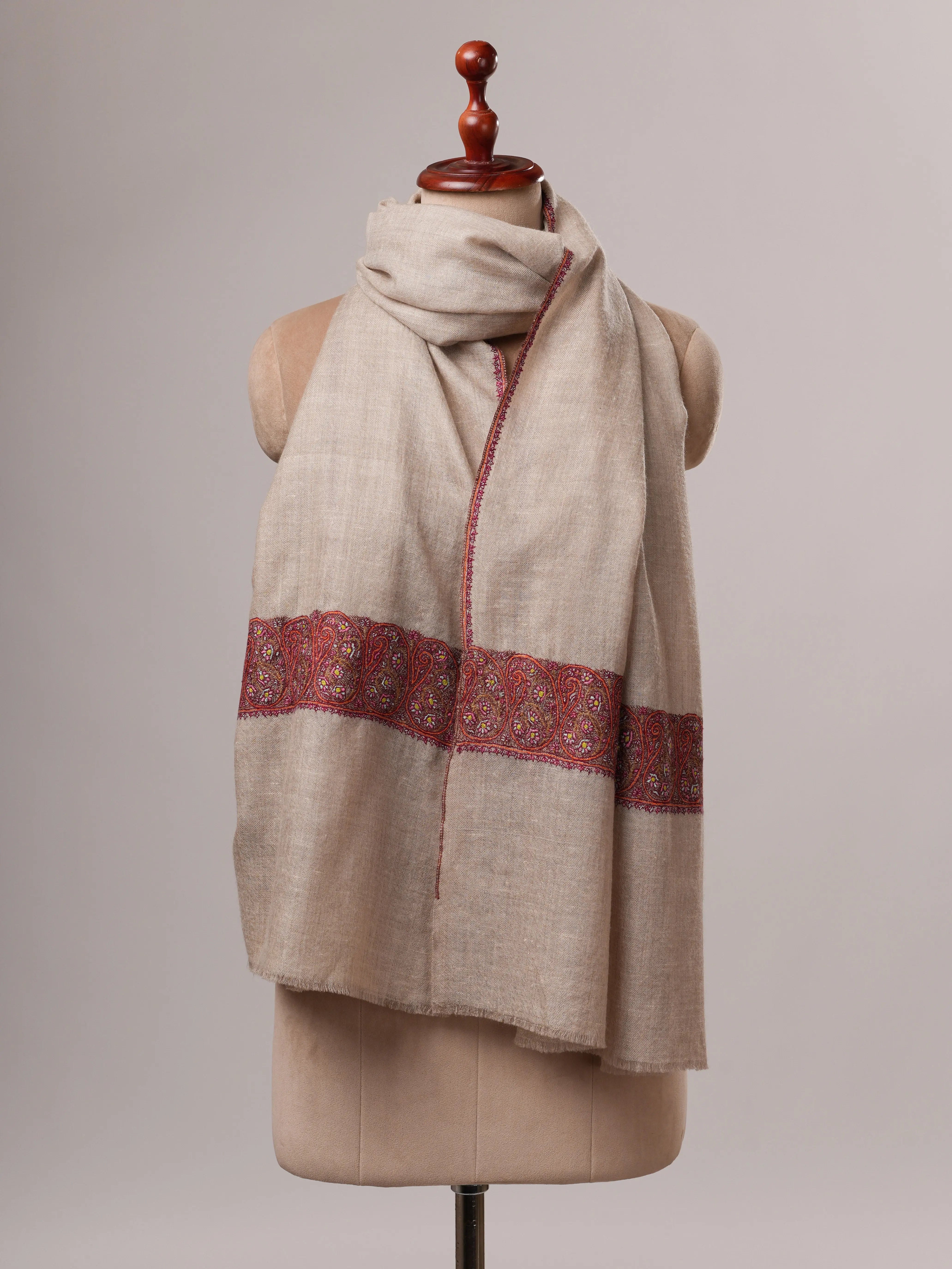 Natural Grey Baby Soft Cashmere Scarf with Hand-Embroidered Palla Shahkaar