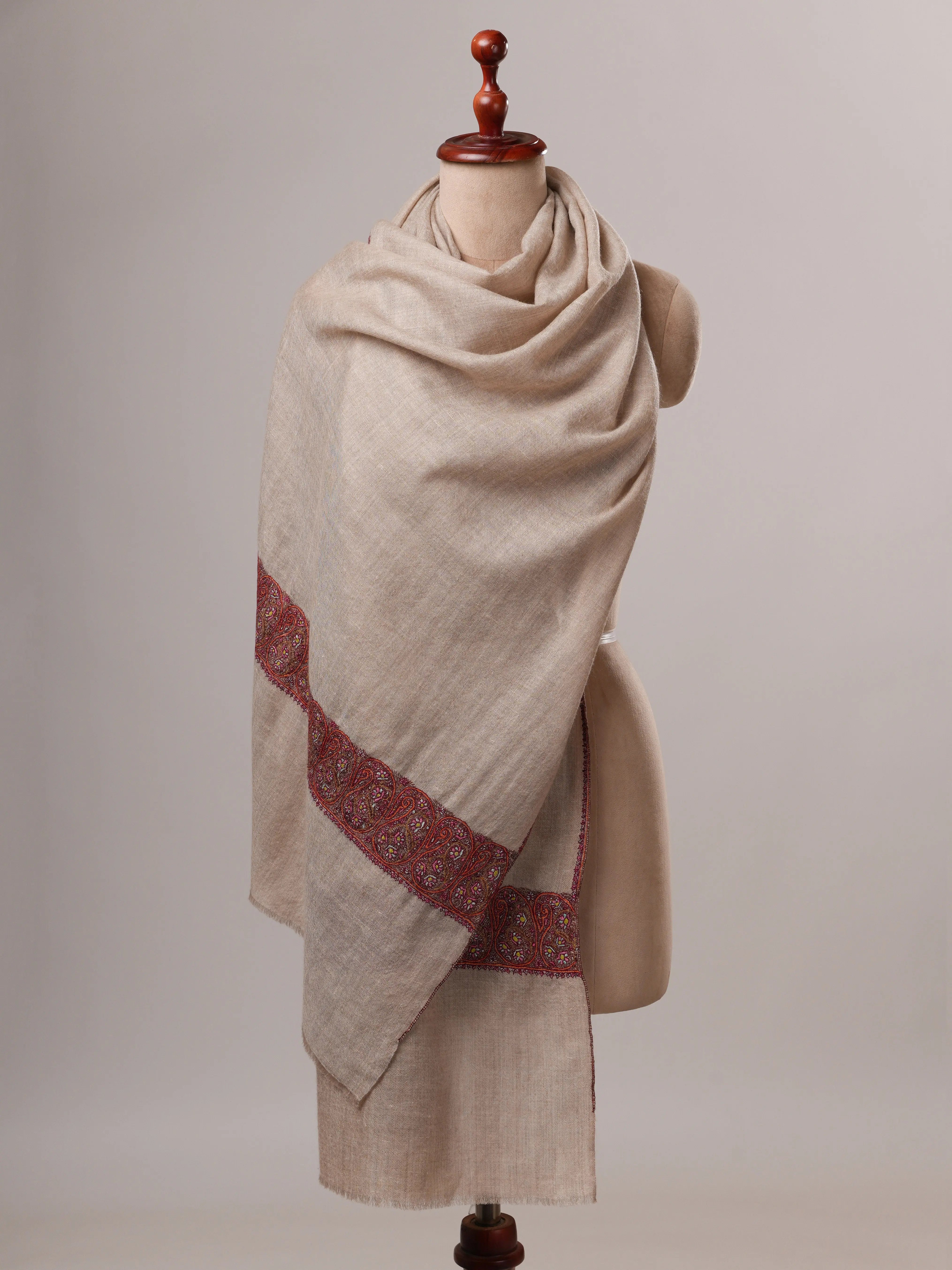 Natural Grey Baby Soft Cashmere Scarf with Hand-Embroidered Palla Shahkaar