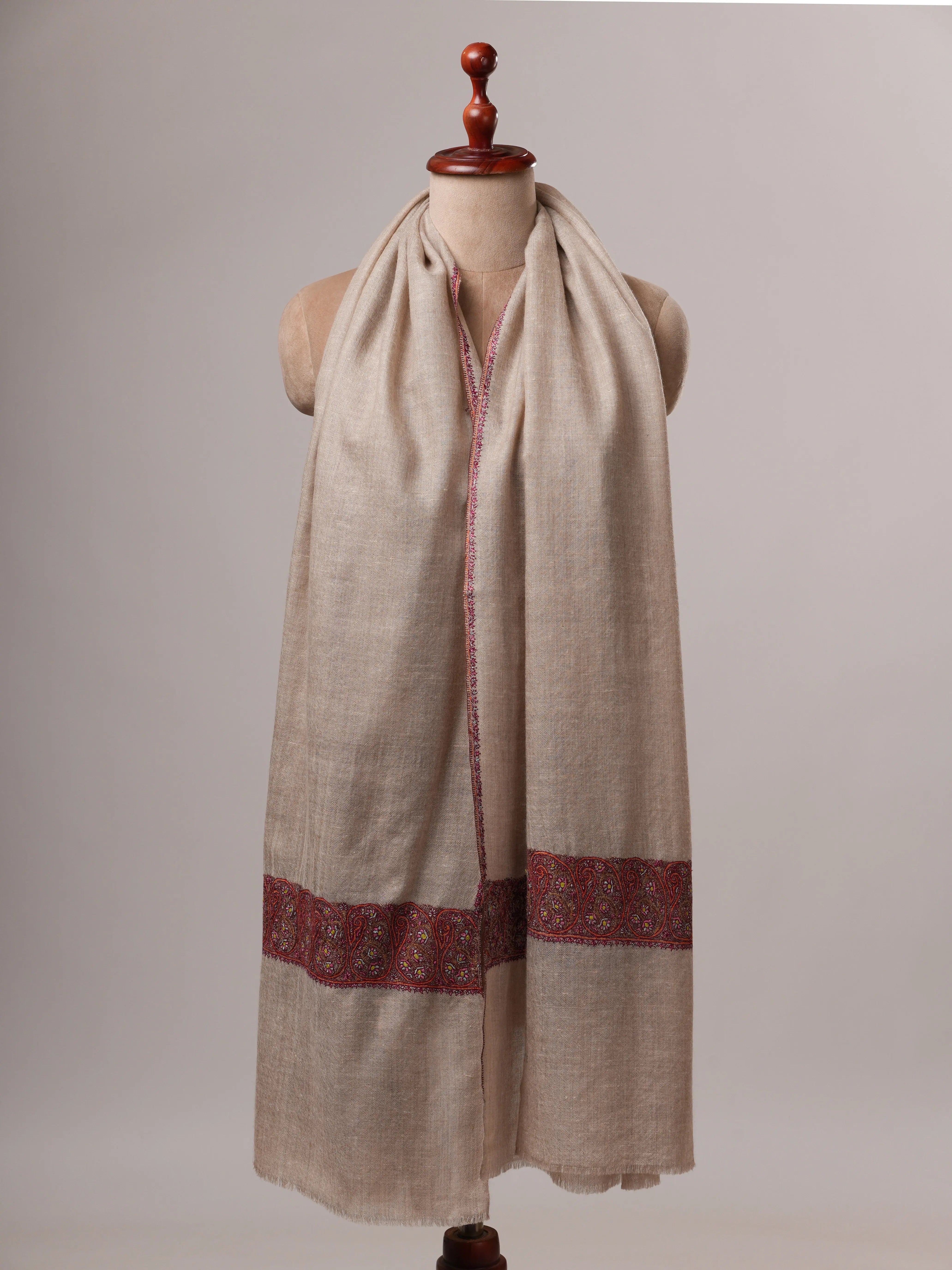 Natural Grey Baby Soft Cashmere Scarf with Hand-Embroidered Palla Shahkaar