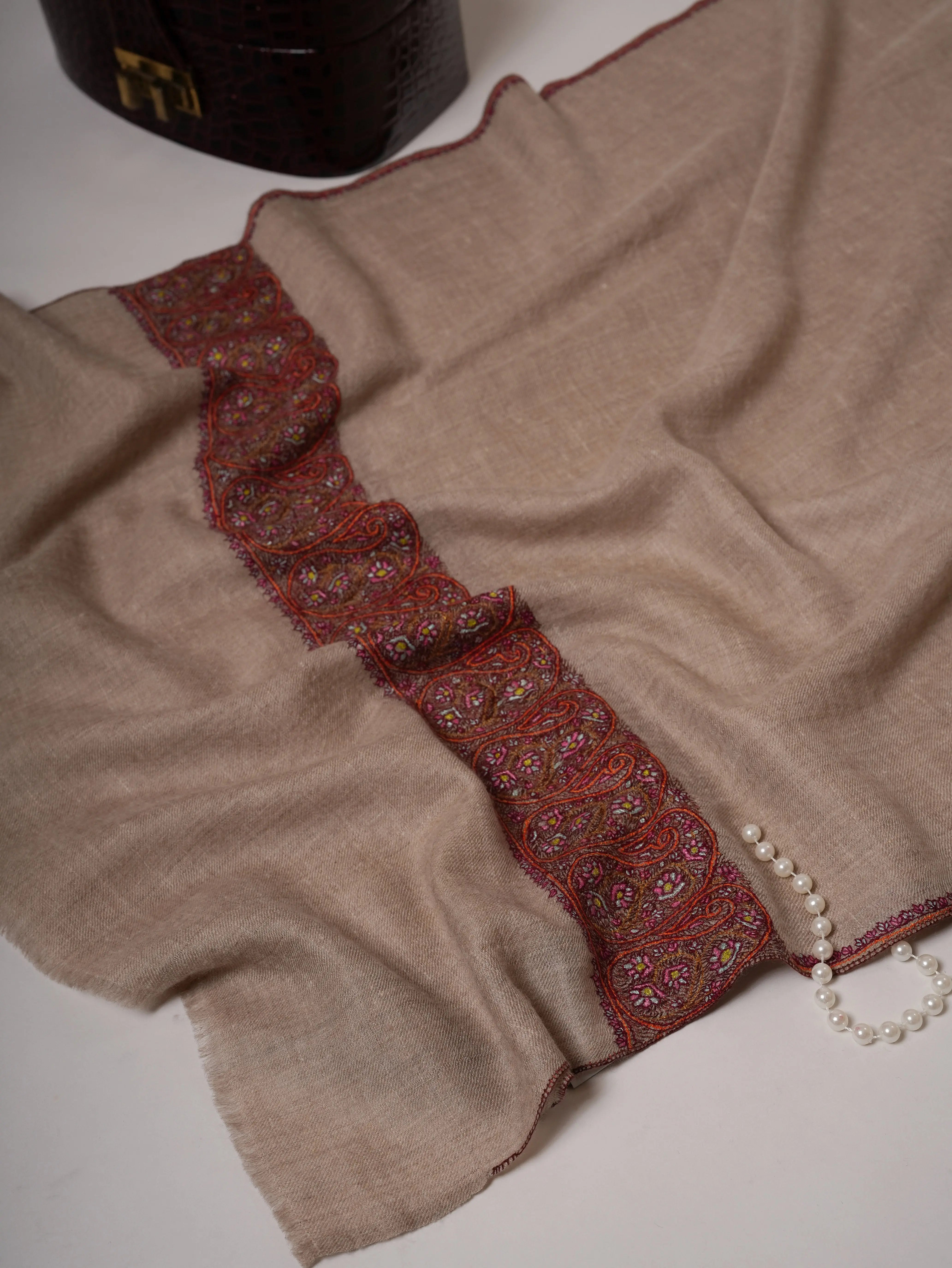 Natural Grey Baby Soft Cashmere Scarf with Hand-Embroidered Palla Shahkaar