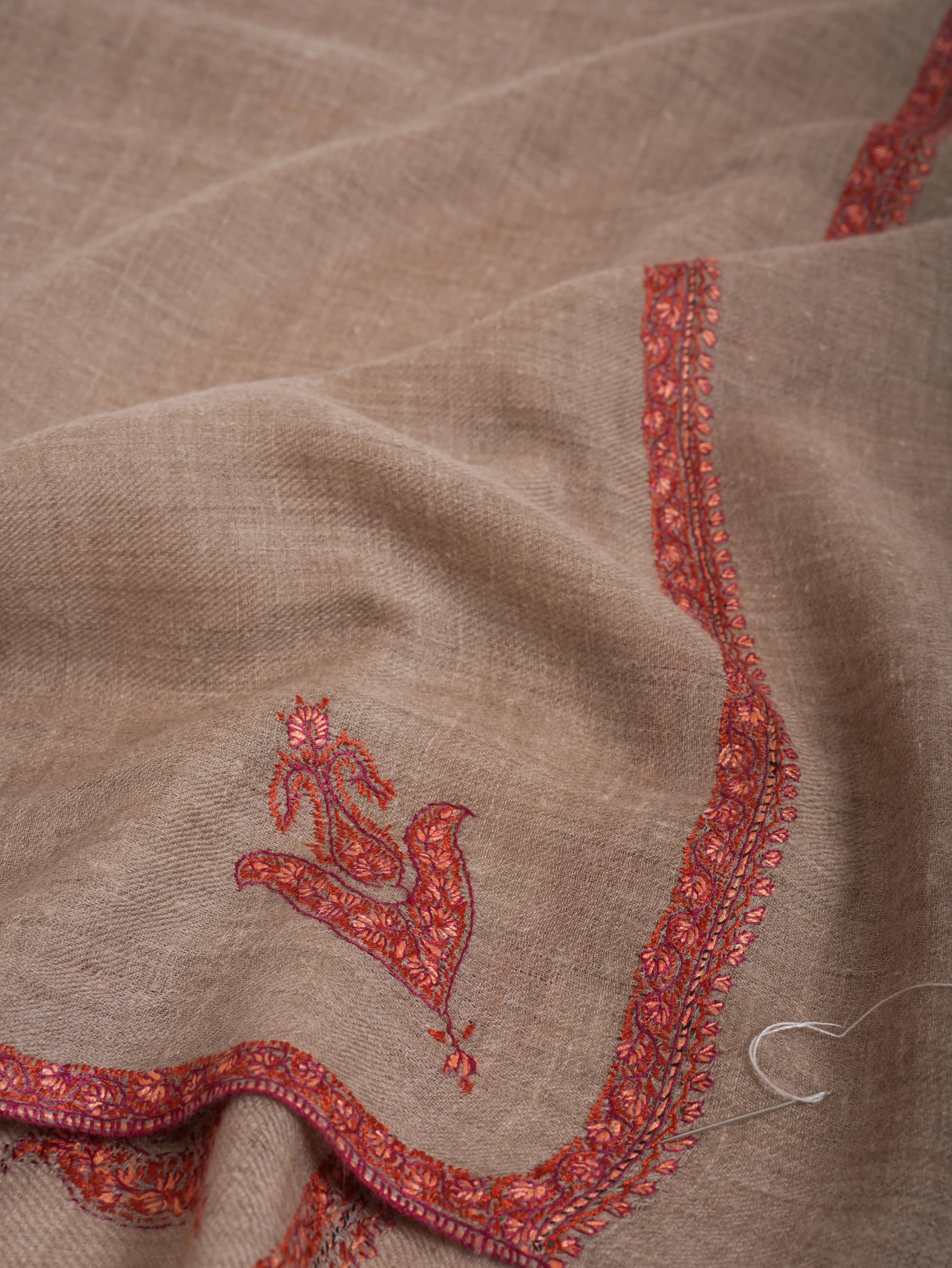 Natural Grey Baildar Sozni Embroidered Cashmere Pashmina Wrap Shahkaar