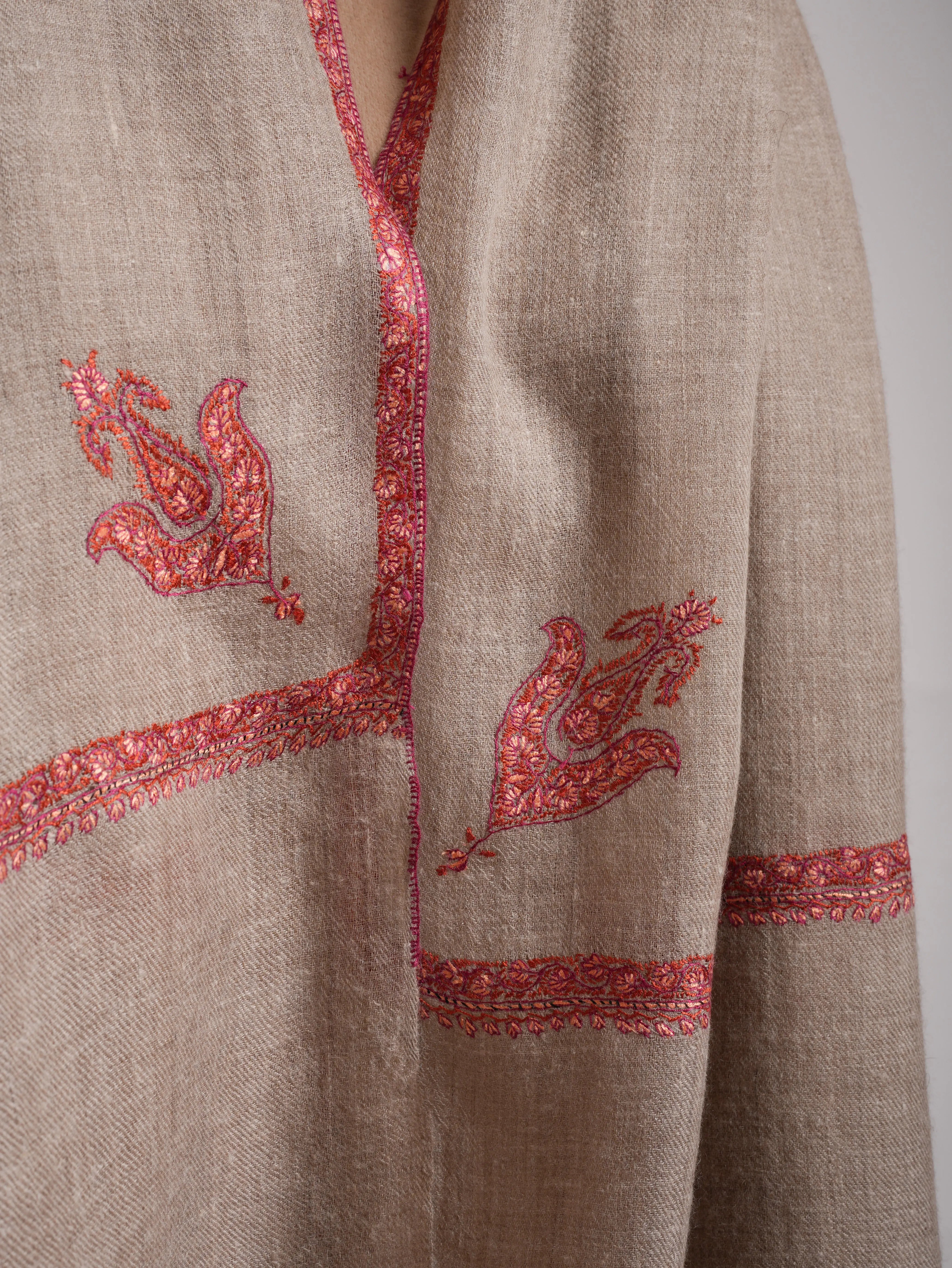 Natural Grey Baildar Sozni Embroidered Cashmere Pashmina Wrap Shahkaar