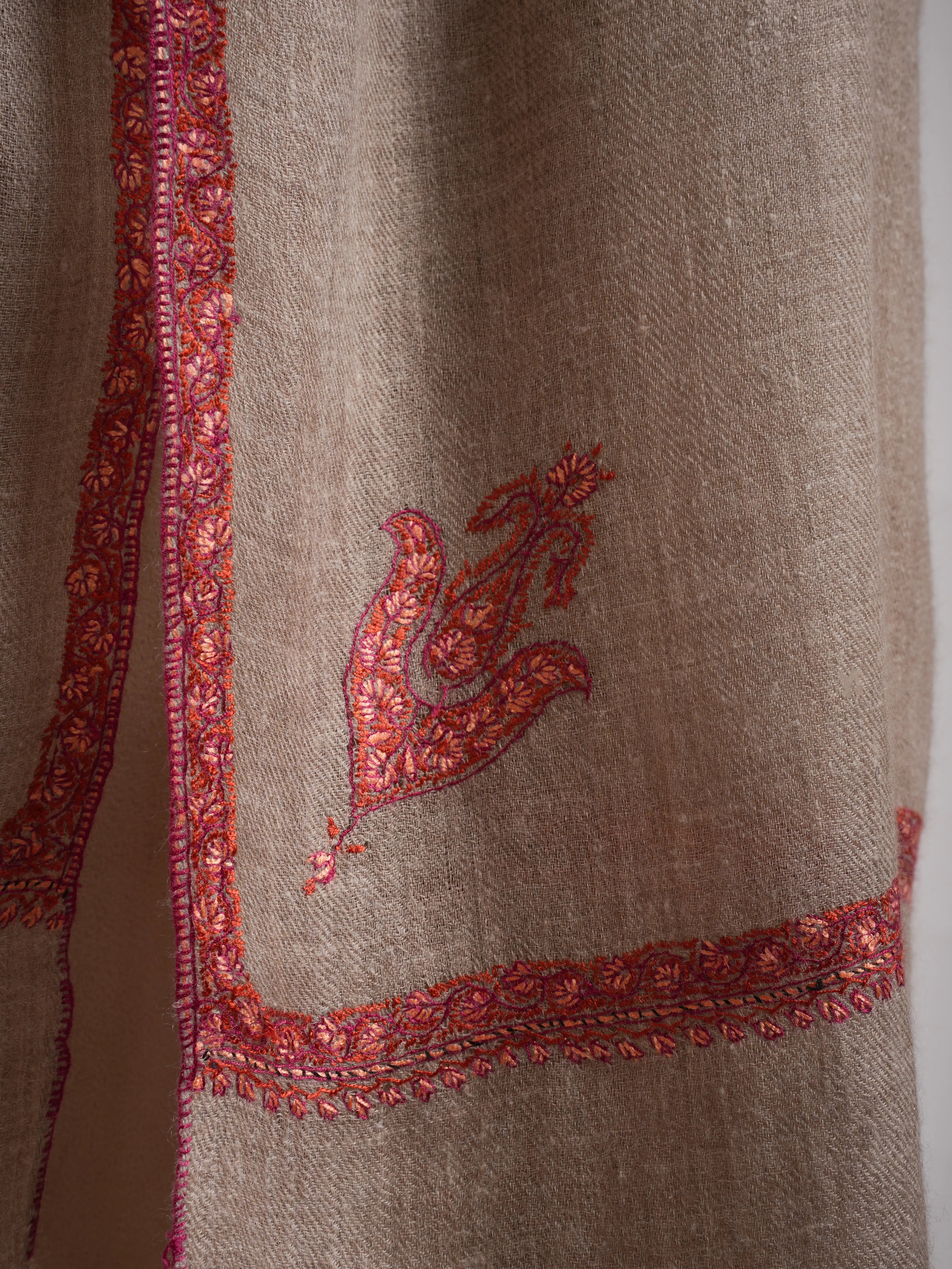 Natural Grey Baildar Sozni Embroidered Cashmere Pashmina Wrap Shahkaar