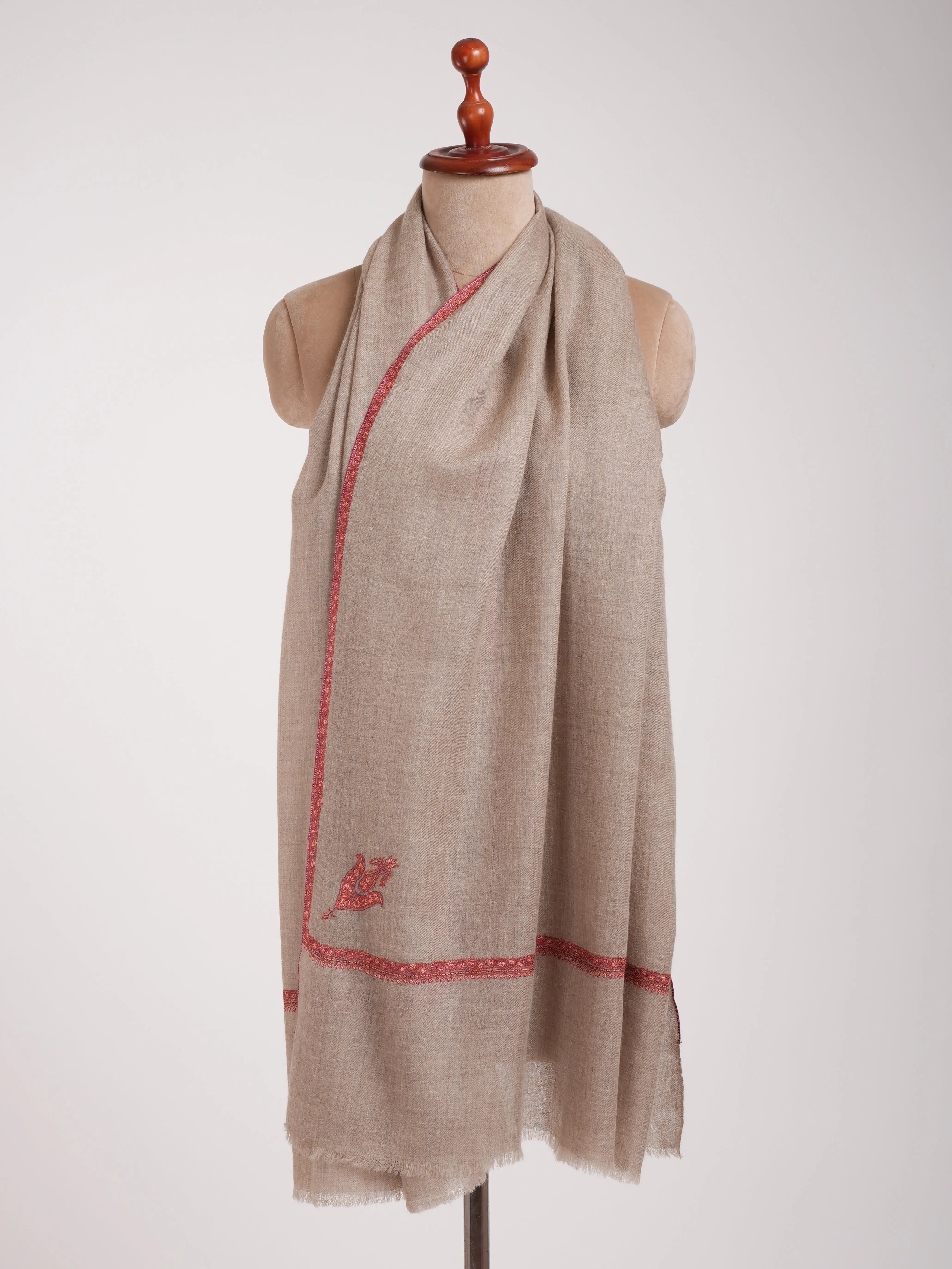 Natural Grey Baildar Sozni Embroidered Cashmere Pashmina Wrap Shahkaar