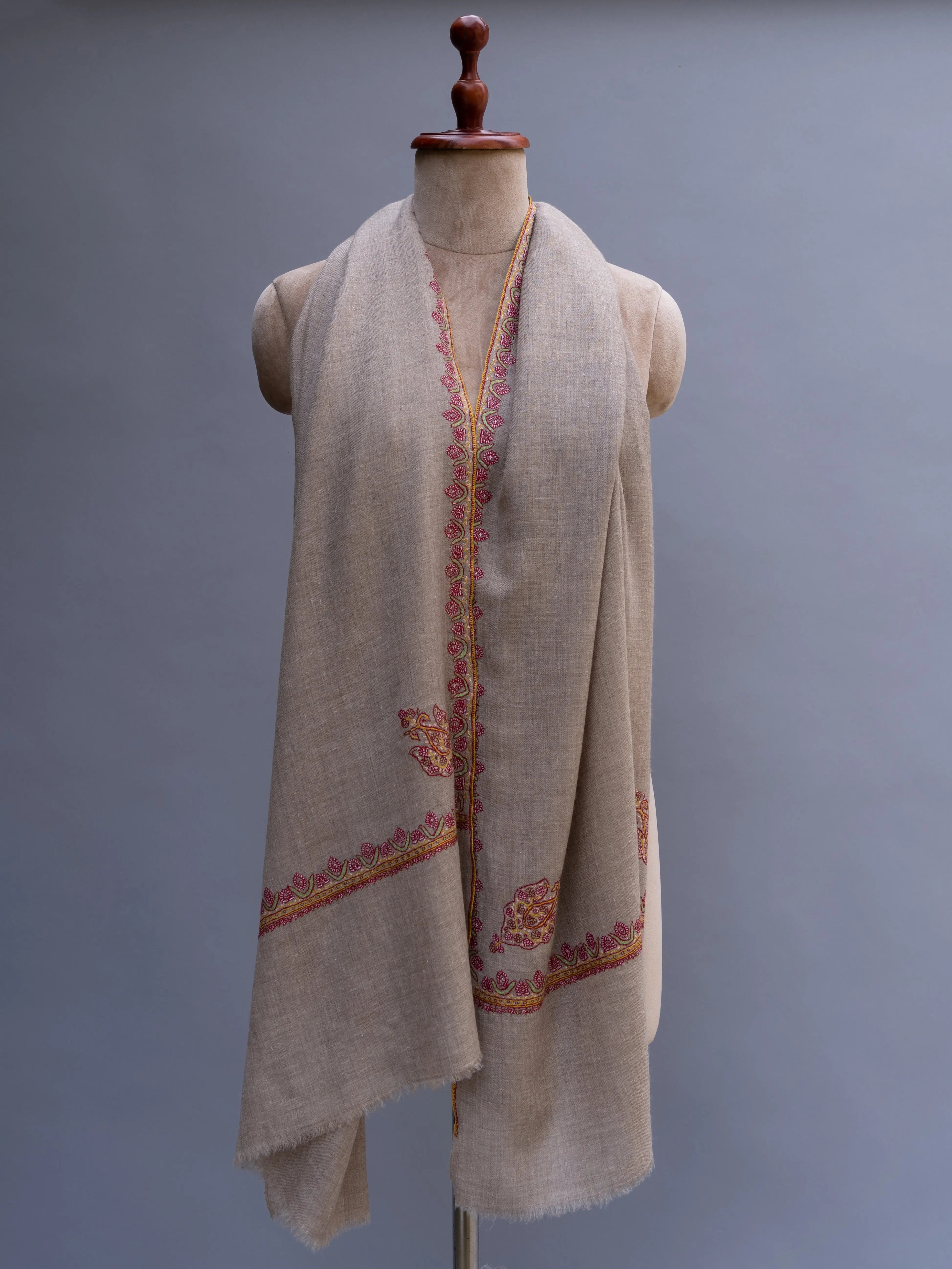 Natural Grey Border Embroidery Cashmere Scarf Shahkaar