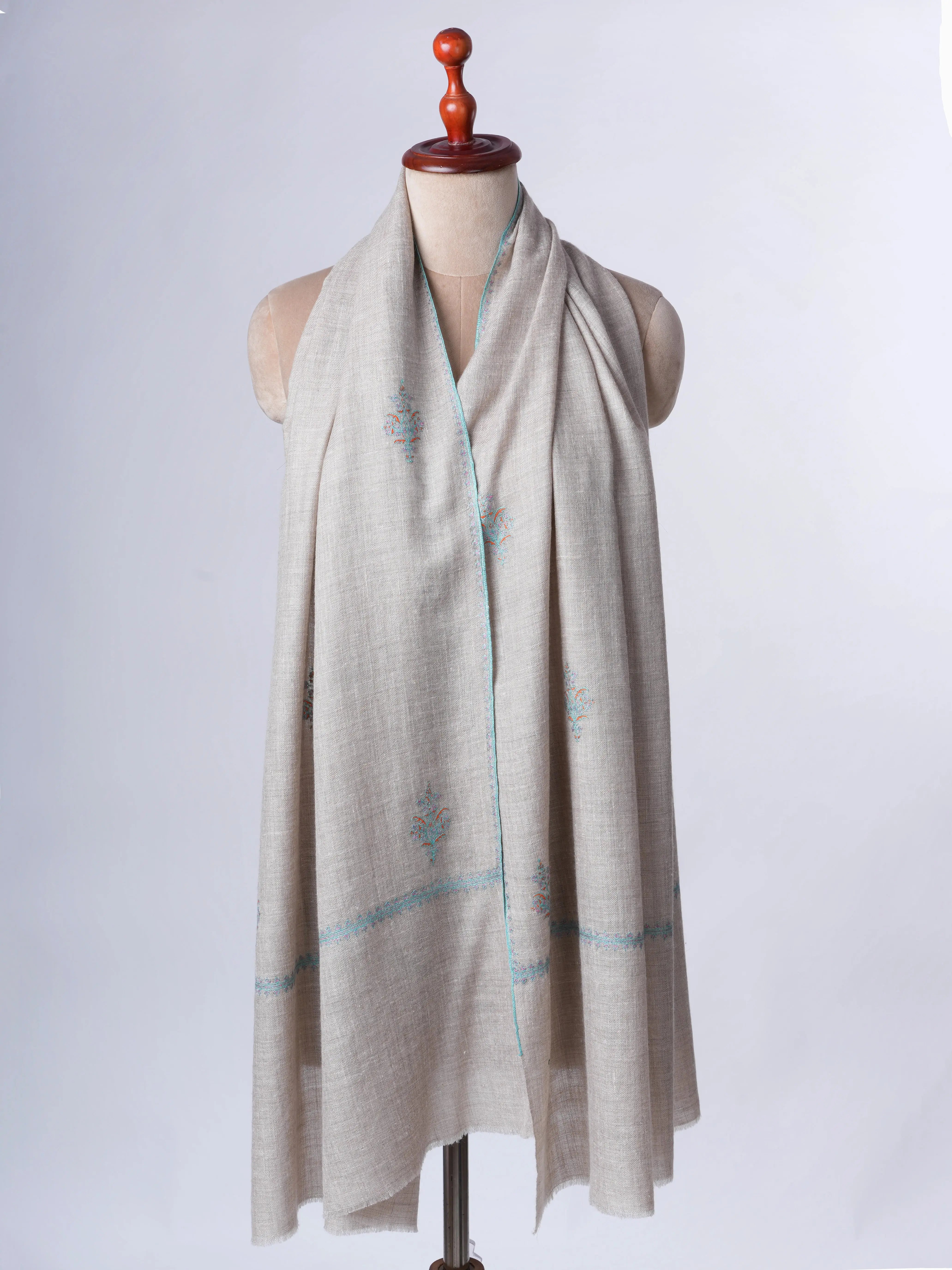Natural Grey Buteh Embroidered Baby Soft Cashmere Scarf – Shahkaar Cashmere Shahkaar