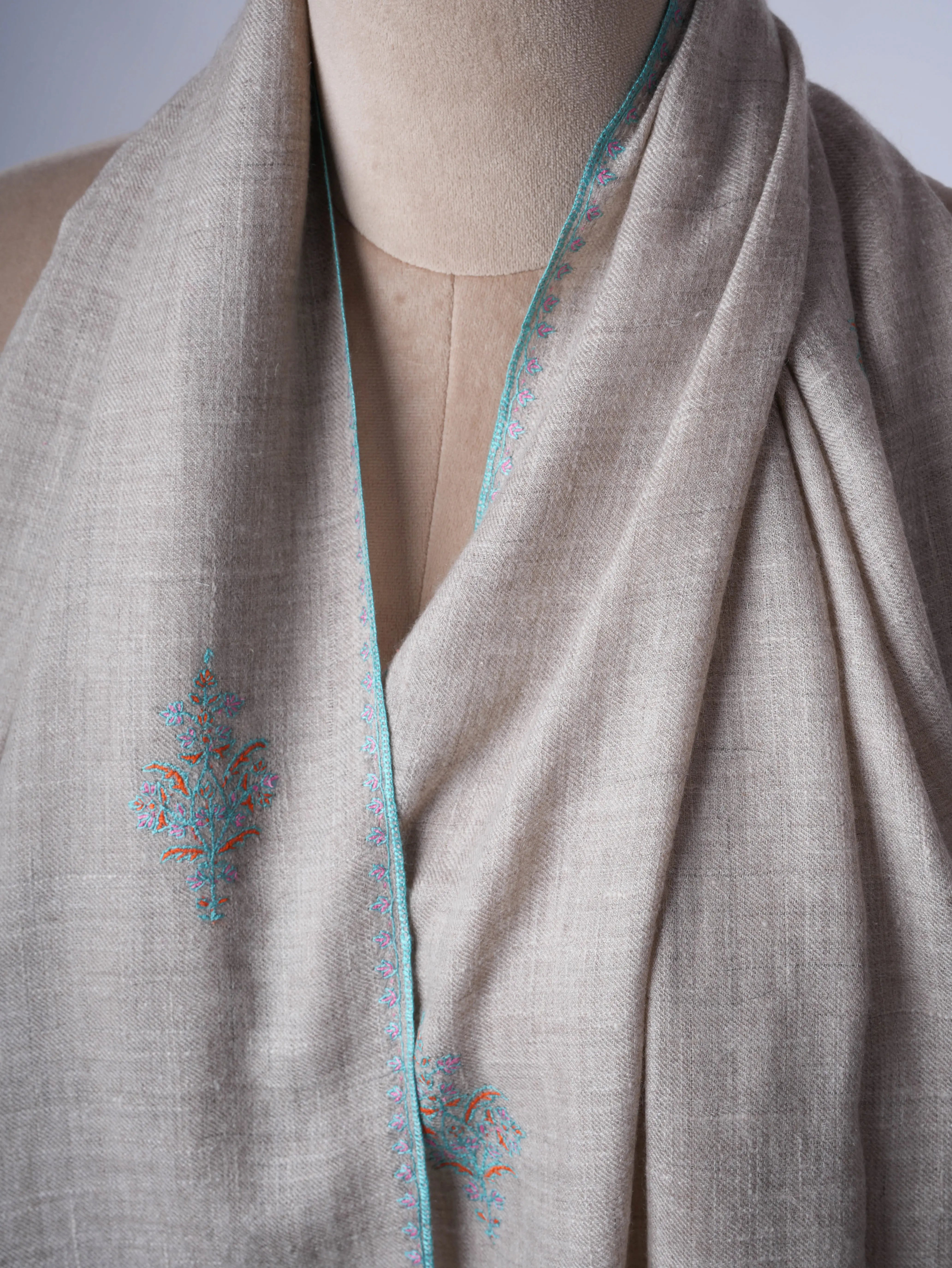 Natural Grey Buteh Embroidered Baby Soft Cashmere Scarf – Shahkaar Cashmere Shahkaar