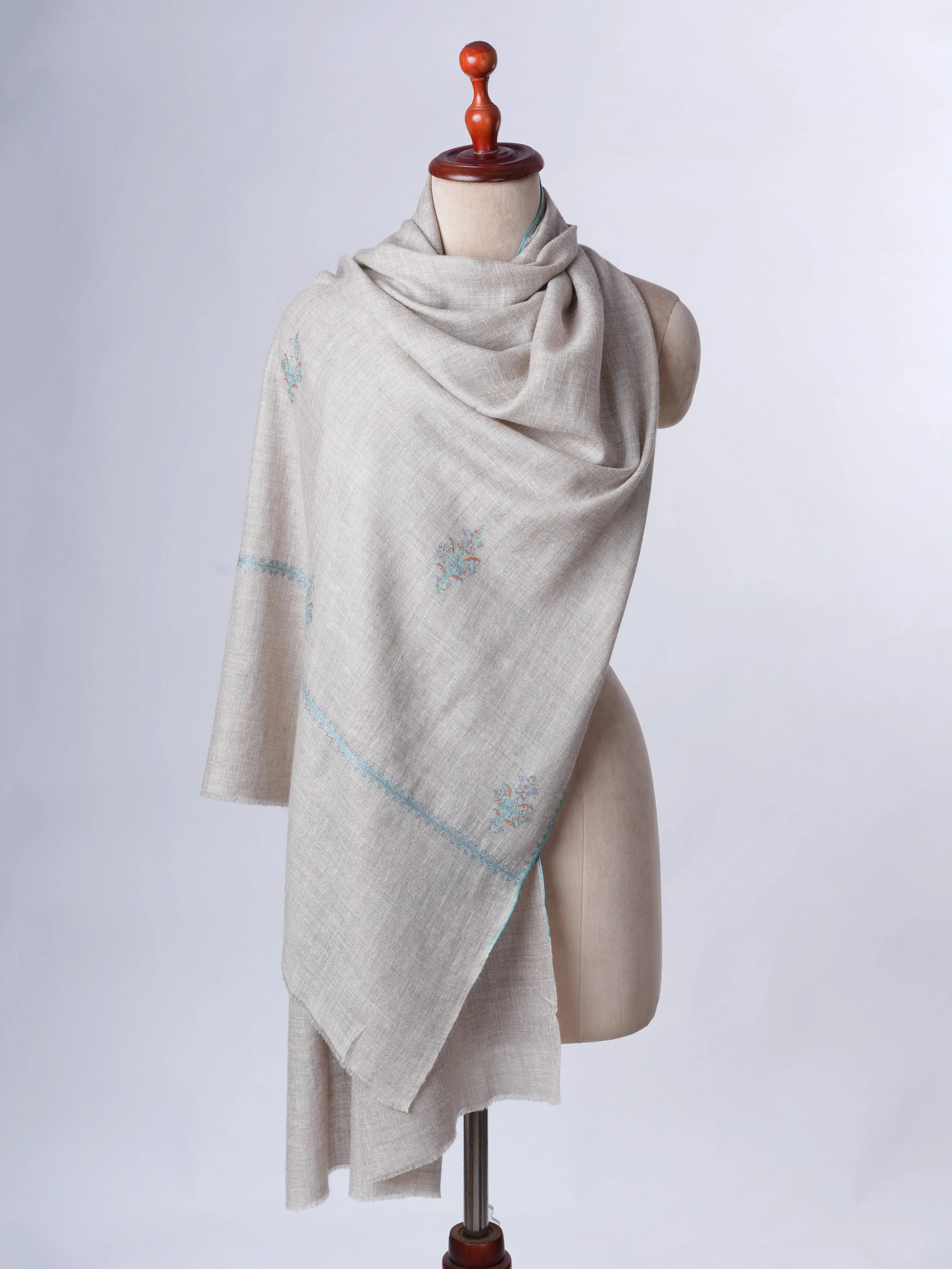 Natural Grey Buteh Embroidered Baby Soft Cashmere Scarf – Shahkaar Cashmere Shahkaar