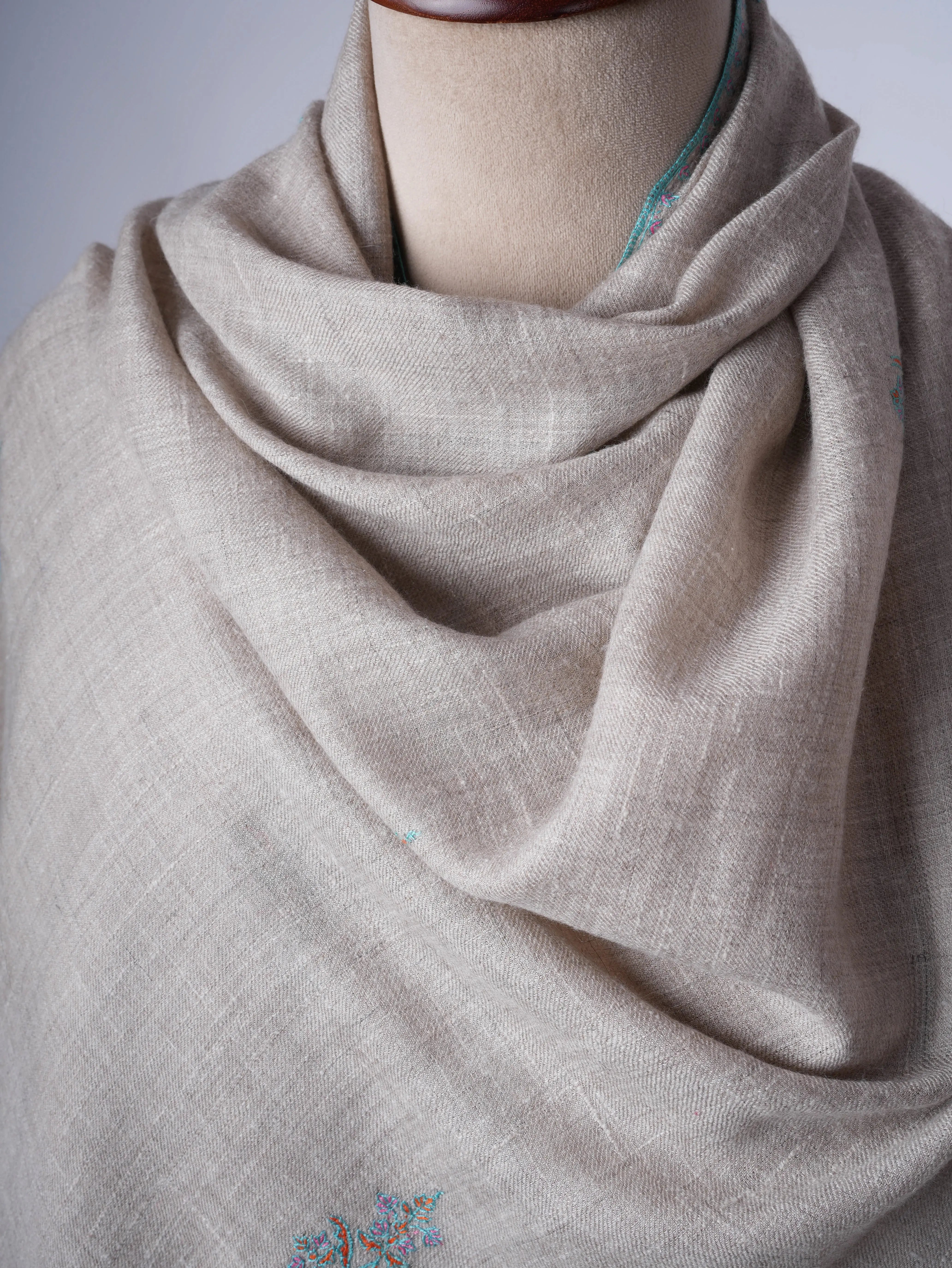 Natural Grey Buteh Embroidered Baby Soft Cashmere Scarf – Shahkaar Cashmere Shahkaar