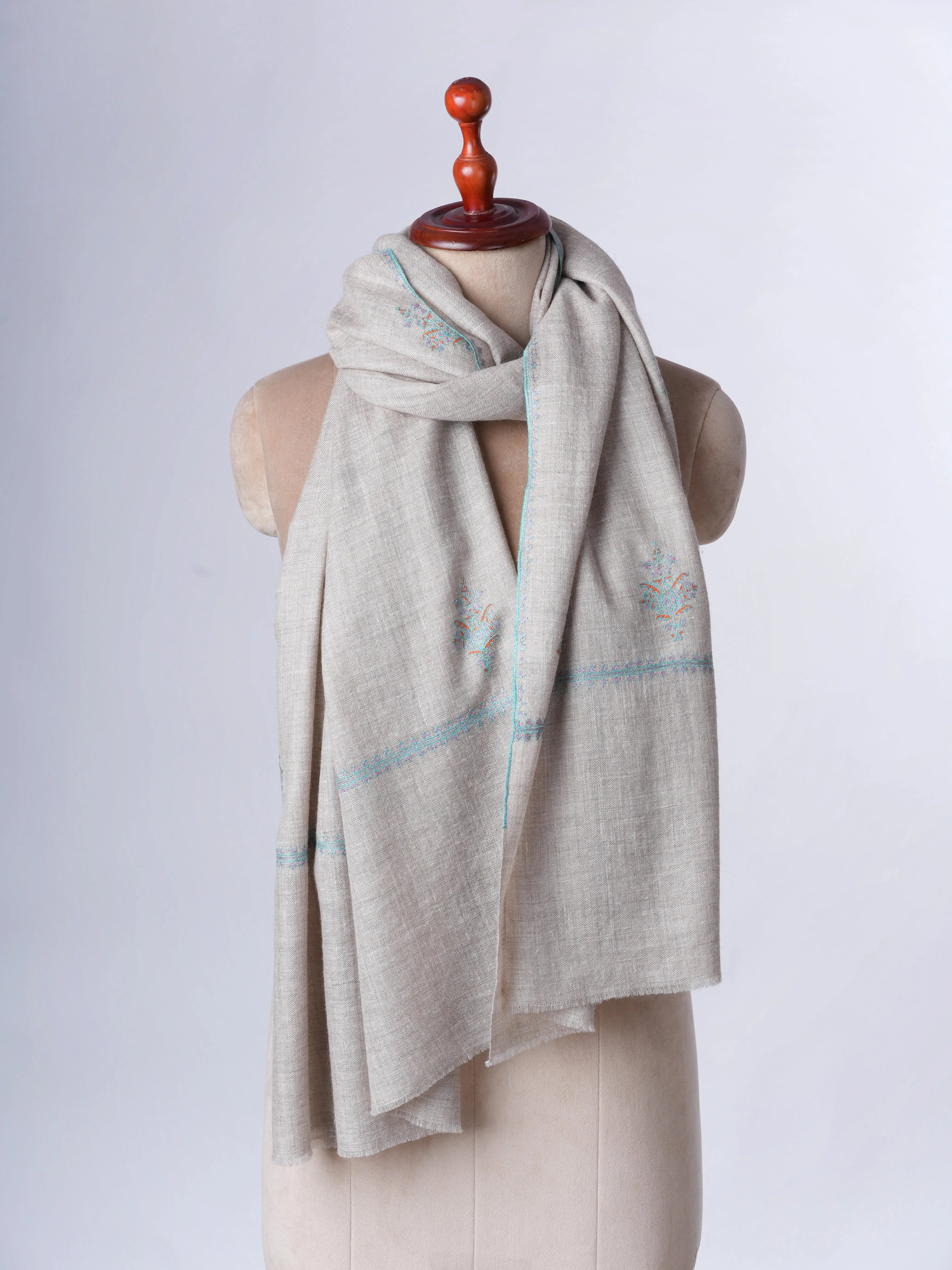 Natural Grey Buteh Embroidered Baby Soft Cashmere Scarf – Shahkaar Cashmere Shahkaar
