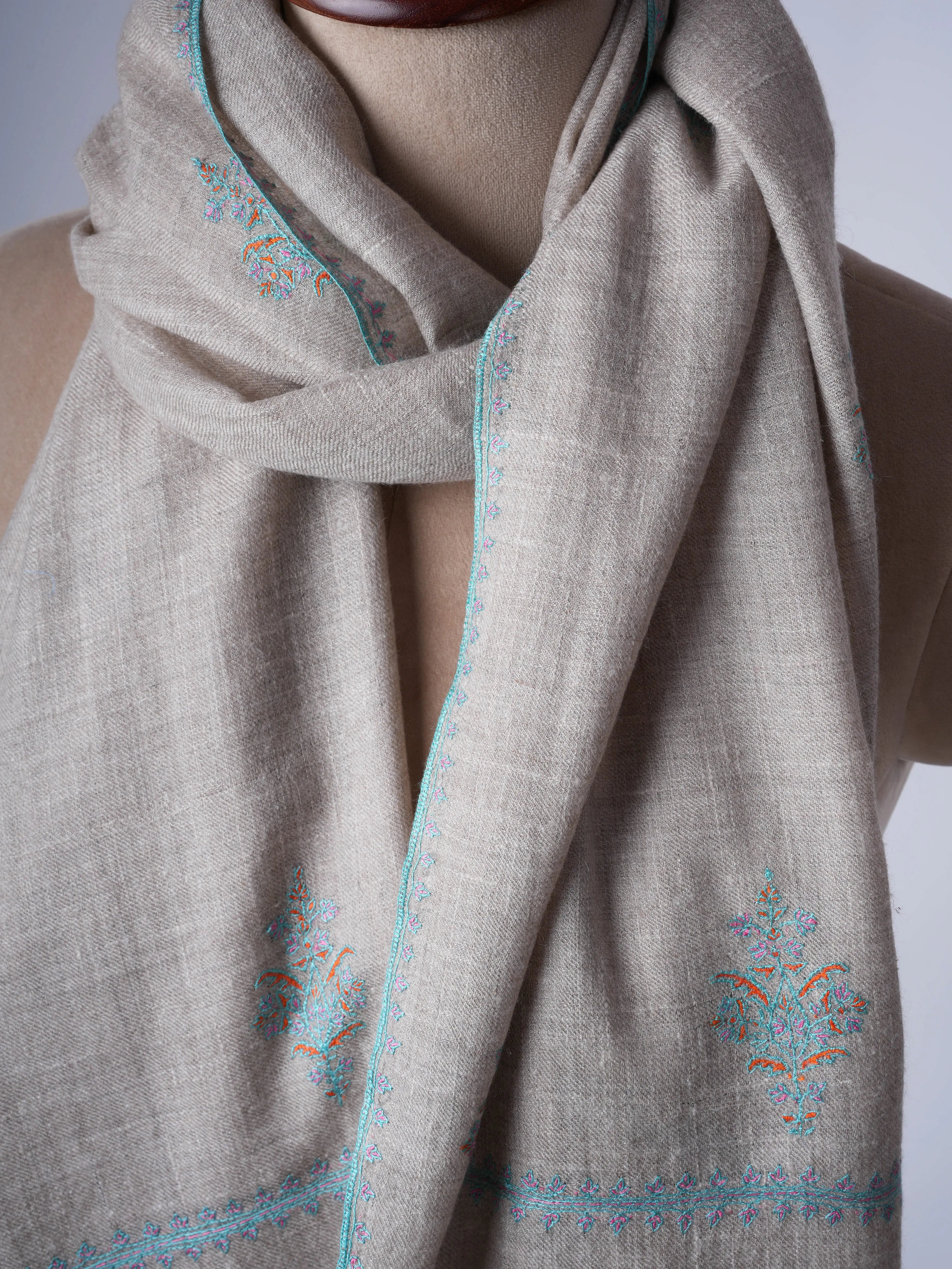 Natural Grey Buteh Embroidered Baby Soft Cashmere Scarf – Shahkaar Cashmere Shahkaar