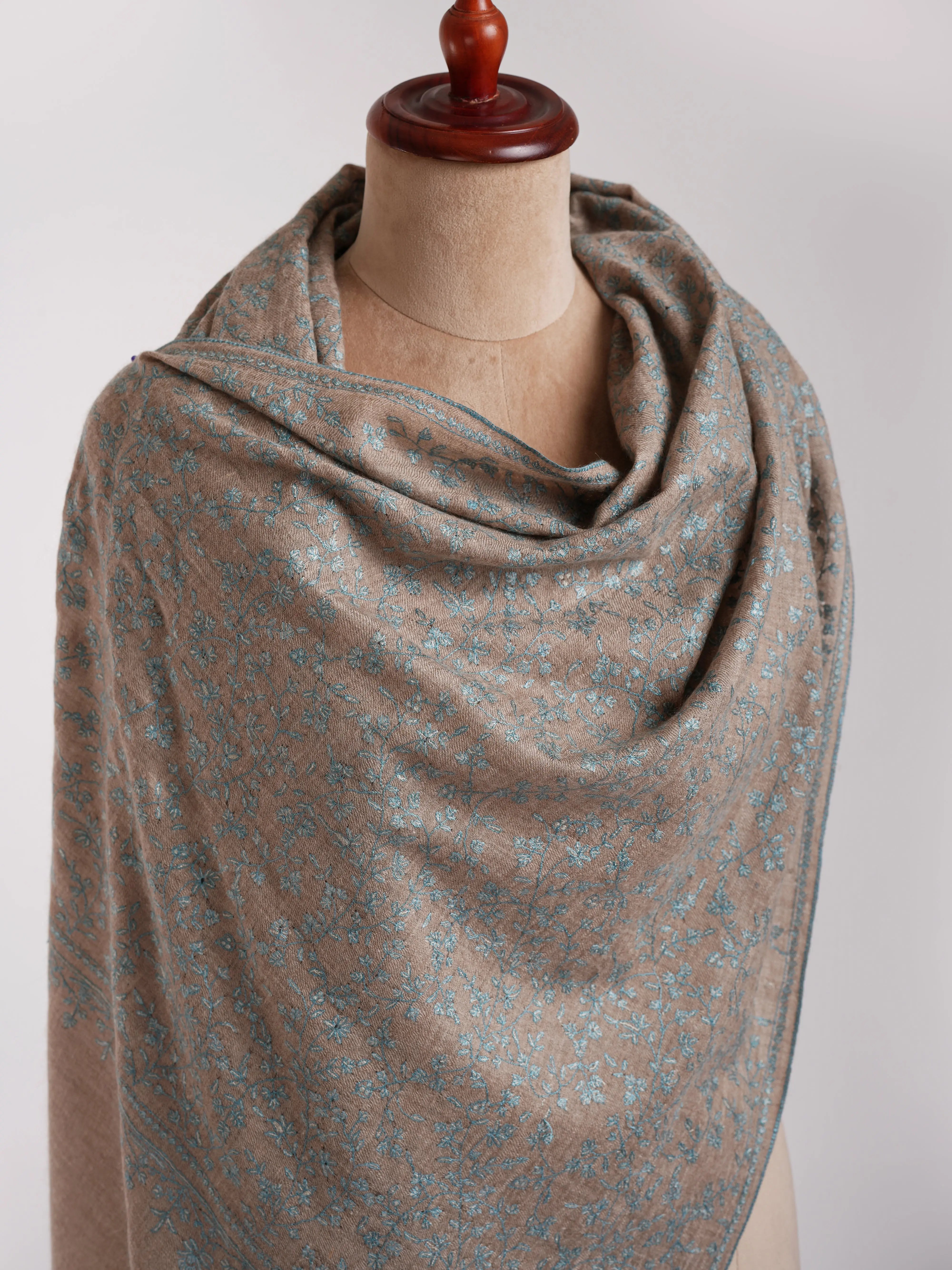 Natural Grey Cashmere Embroidered Stole with Blue Embroidery. Shahkaar