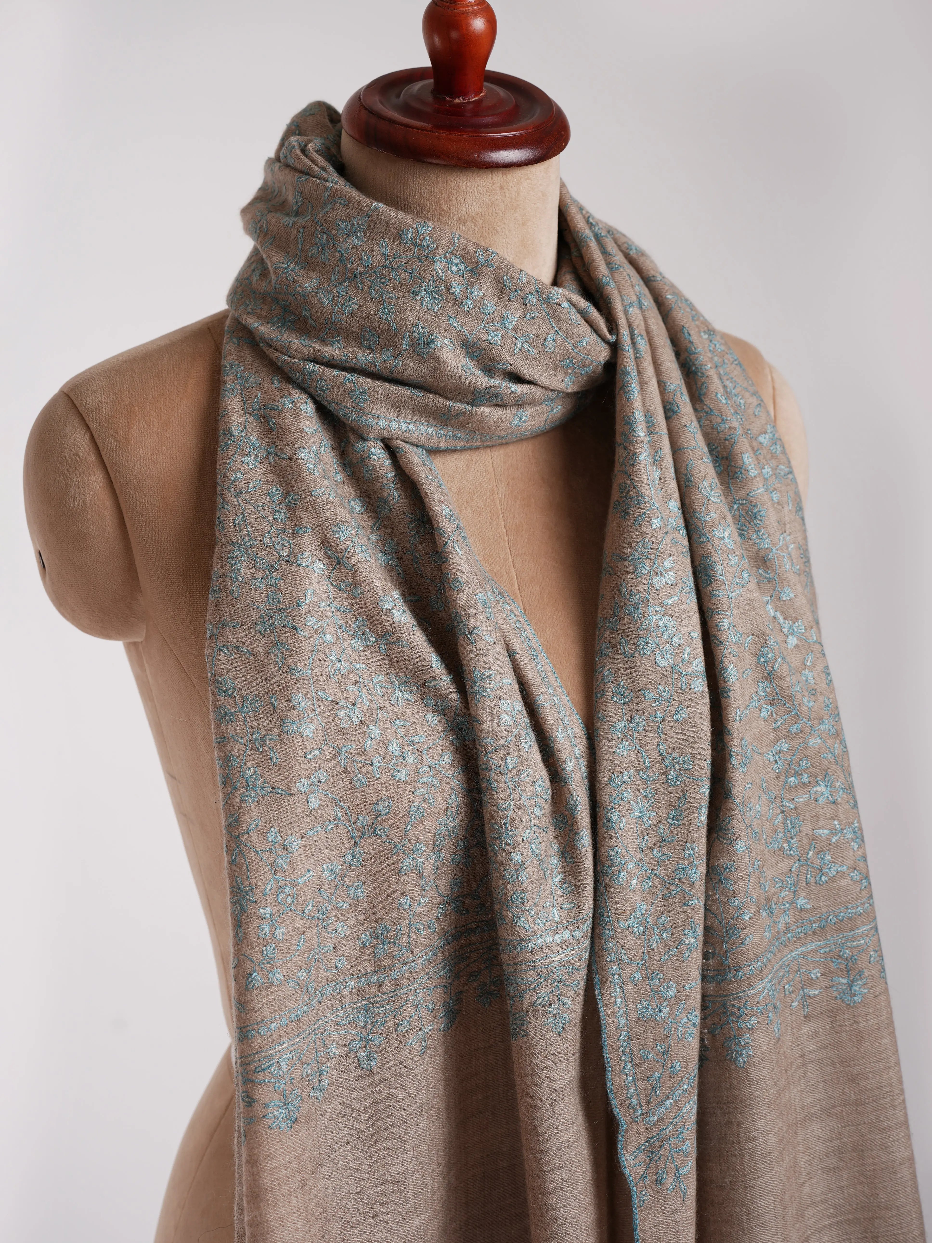 Natural Grey Cashmere Embroidered Stole with Blue Embroidery. Shahkaar