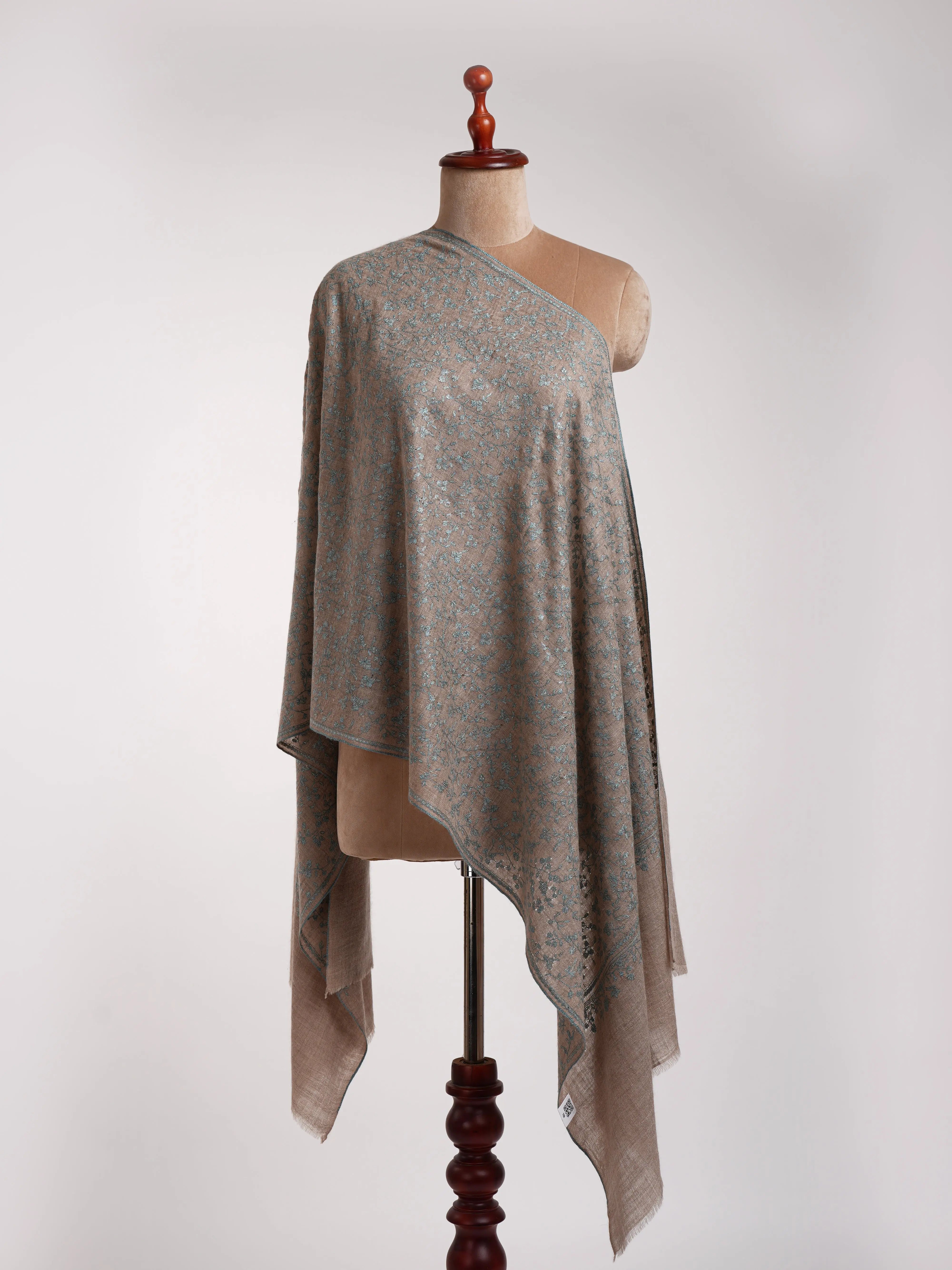 Natural Grey Cashmere Embroidered Stole with Blue Embroidery. Shahkaar