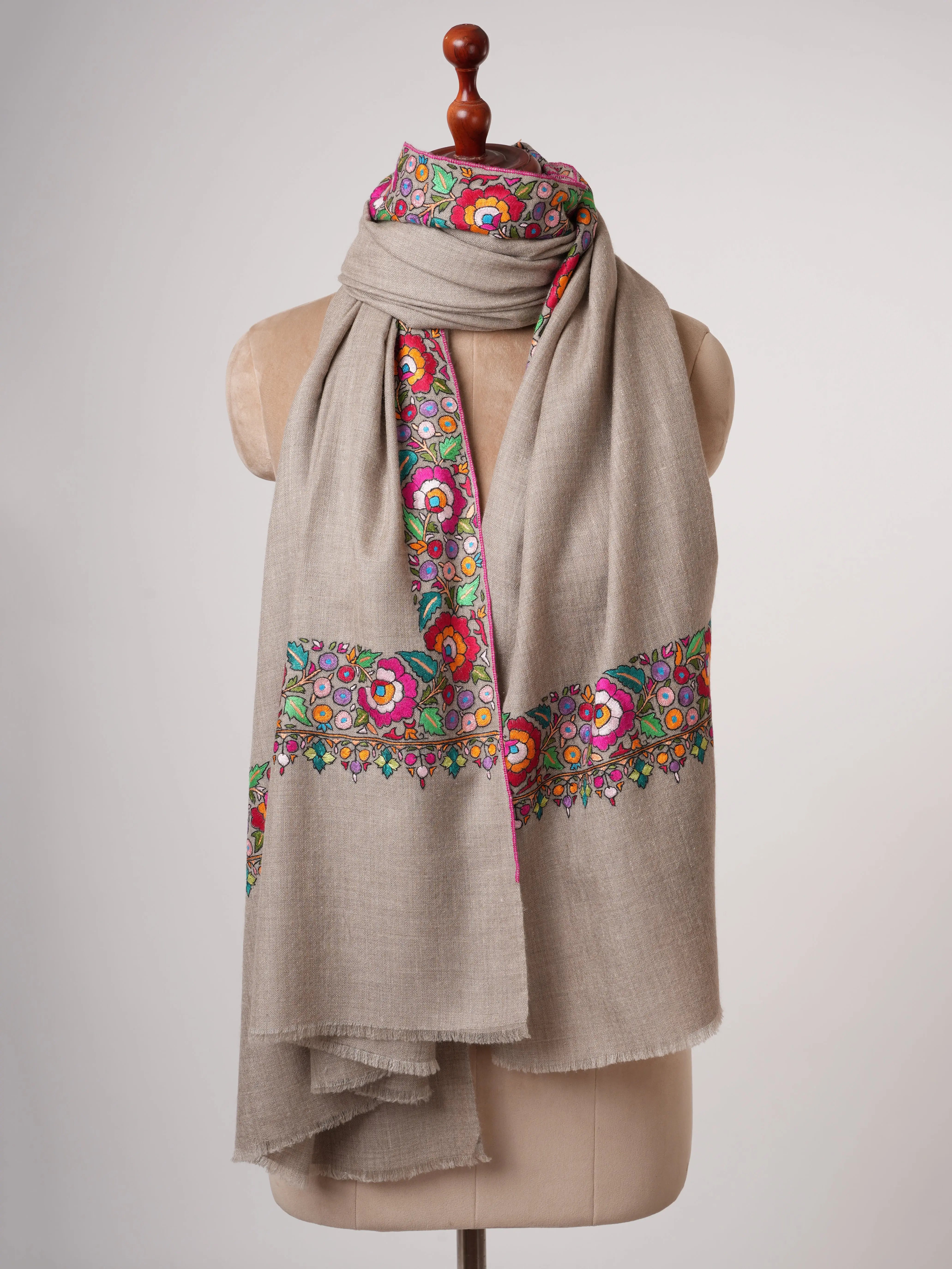 Natural Grey Cashmere Pashmina Shawl with Hand Embroidered Papermachie Shahkaar
