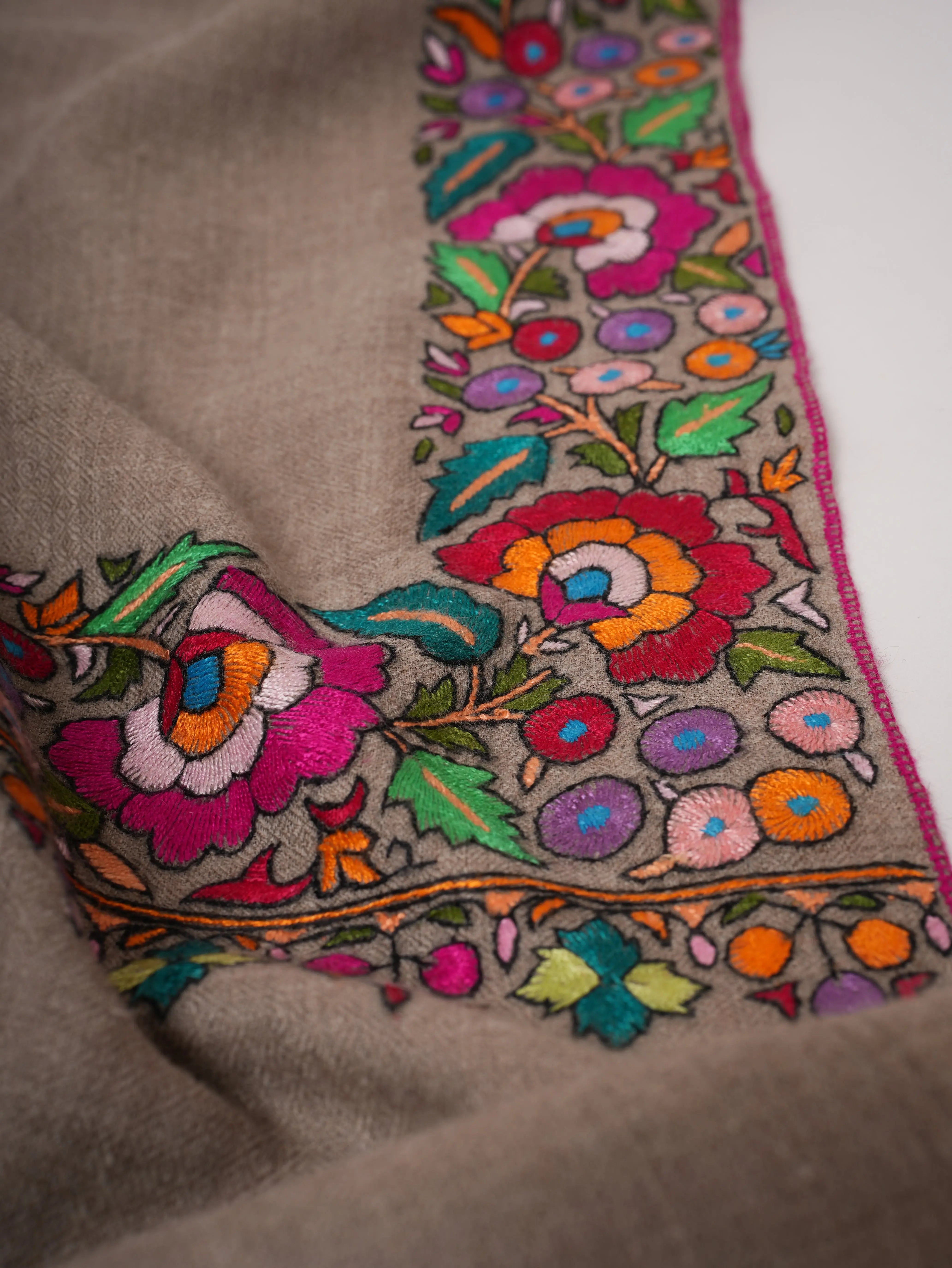 Natural Grey Cashmere Pashmina Shawl with Hand Embroidered Papermachie Shahkaar