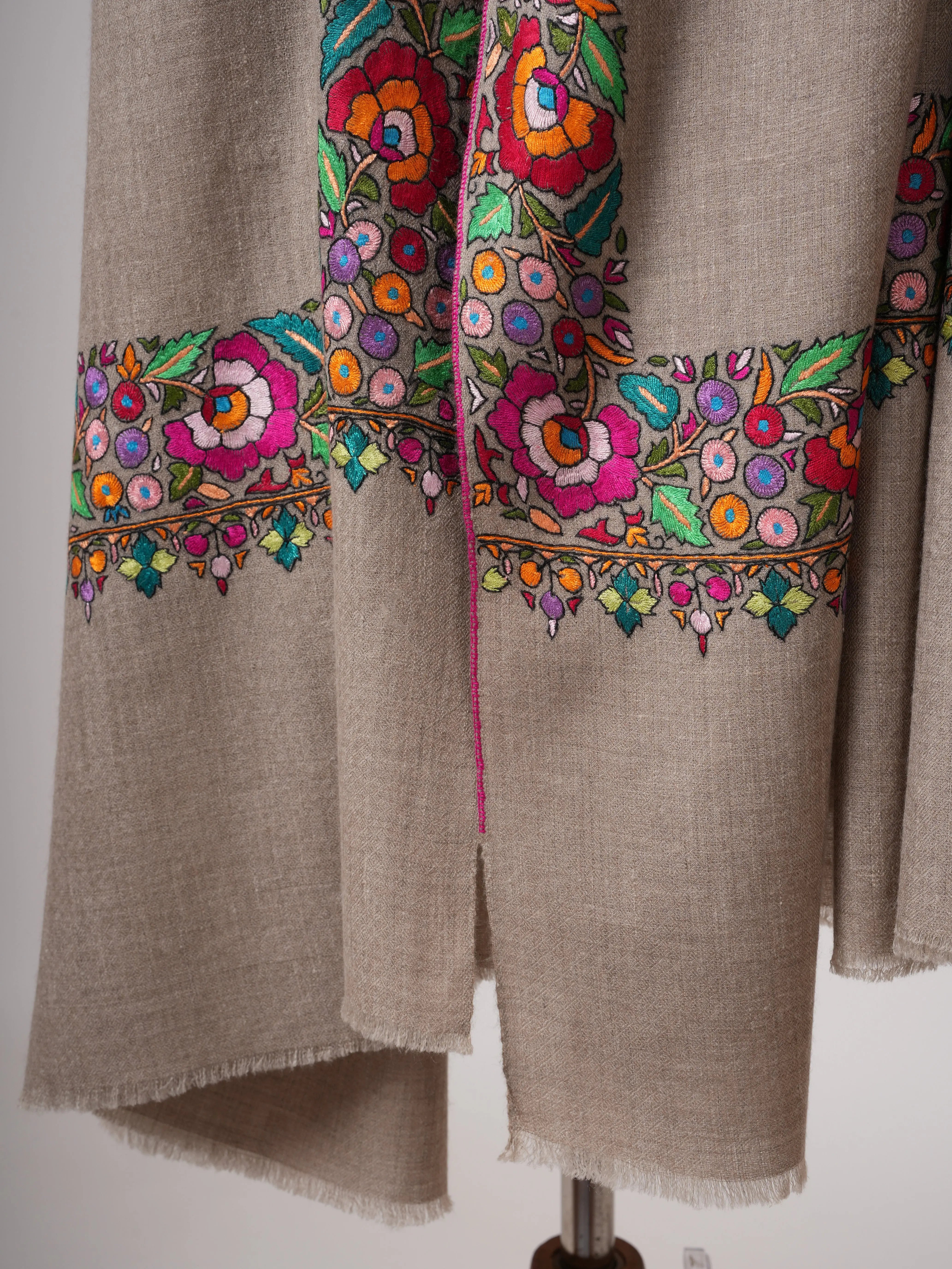 Natural Grey Cashmere Pashmina Shawl with Hand Embroidered Papermachie Shahkaar