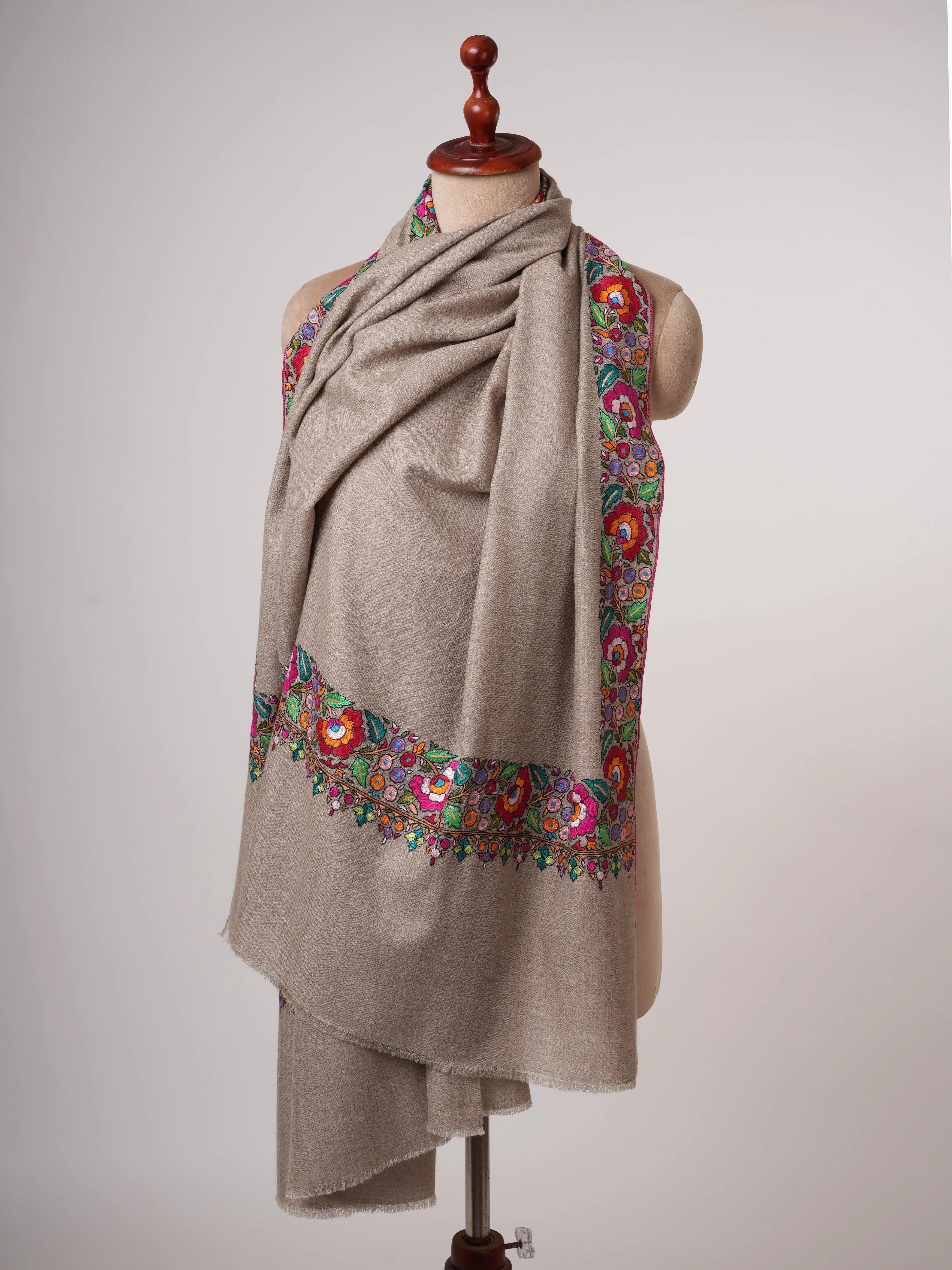Natural Grey Cashmere Pashmina Shawl with Hand Embroidered Papermachie Shahkaar