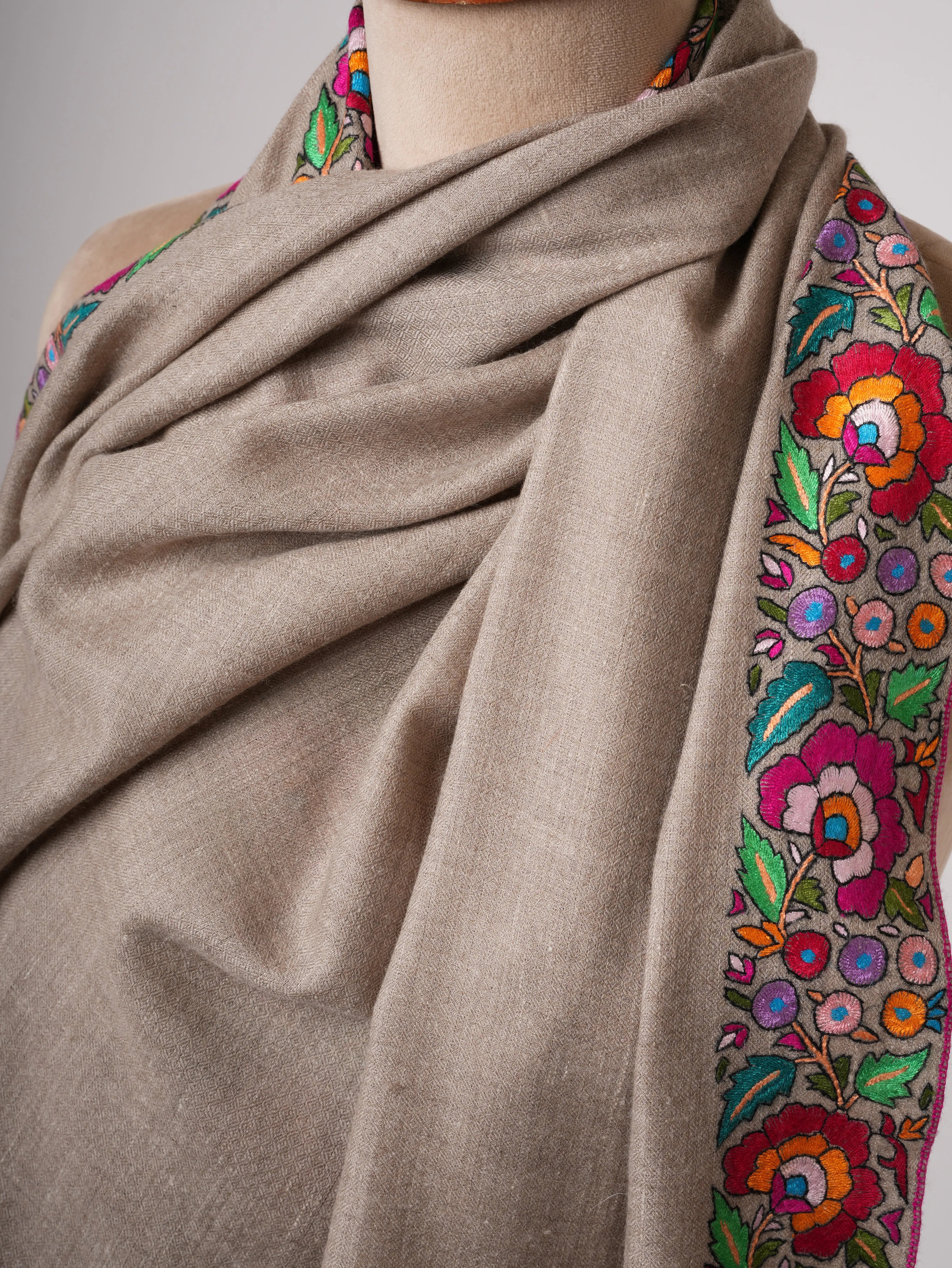 Natural Grey Cashmere Pashmina Shawl with Hand Embroidered Papermachie Shahkaar