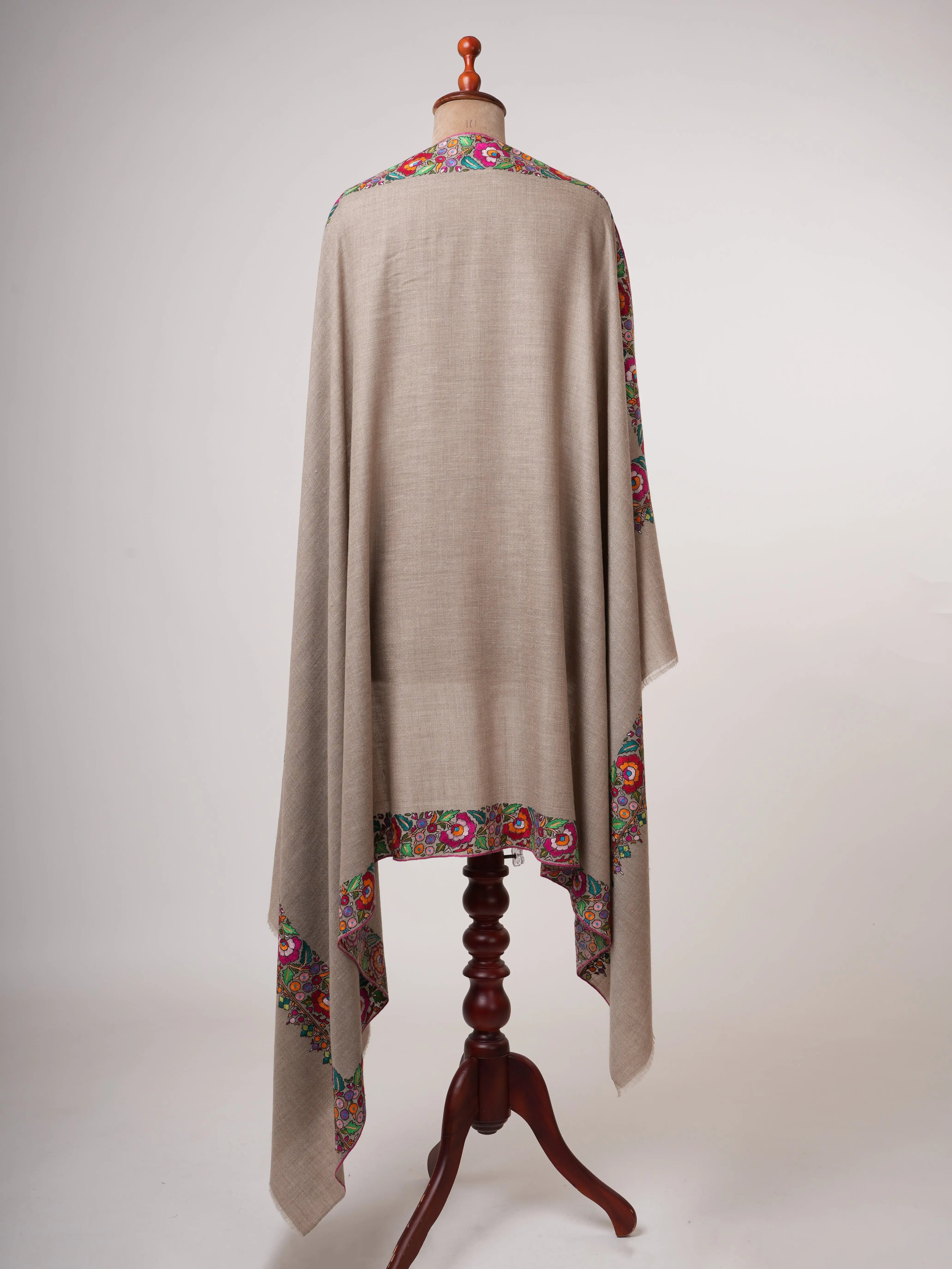 Natural Grey Cashmere Pashmina Shawl with Hand Embroidered Papermachie Shahkaar