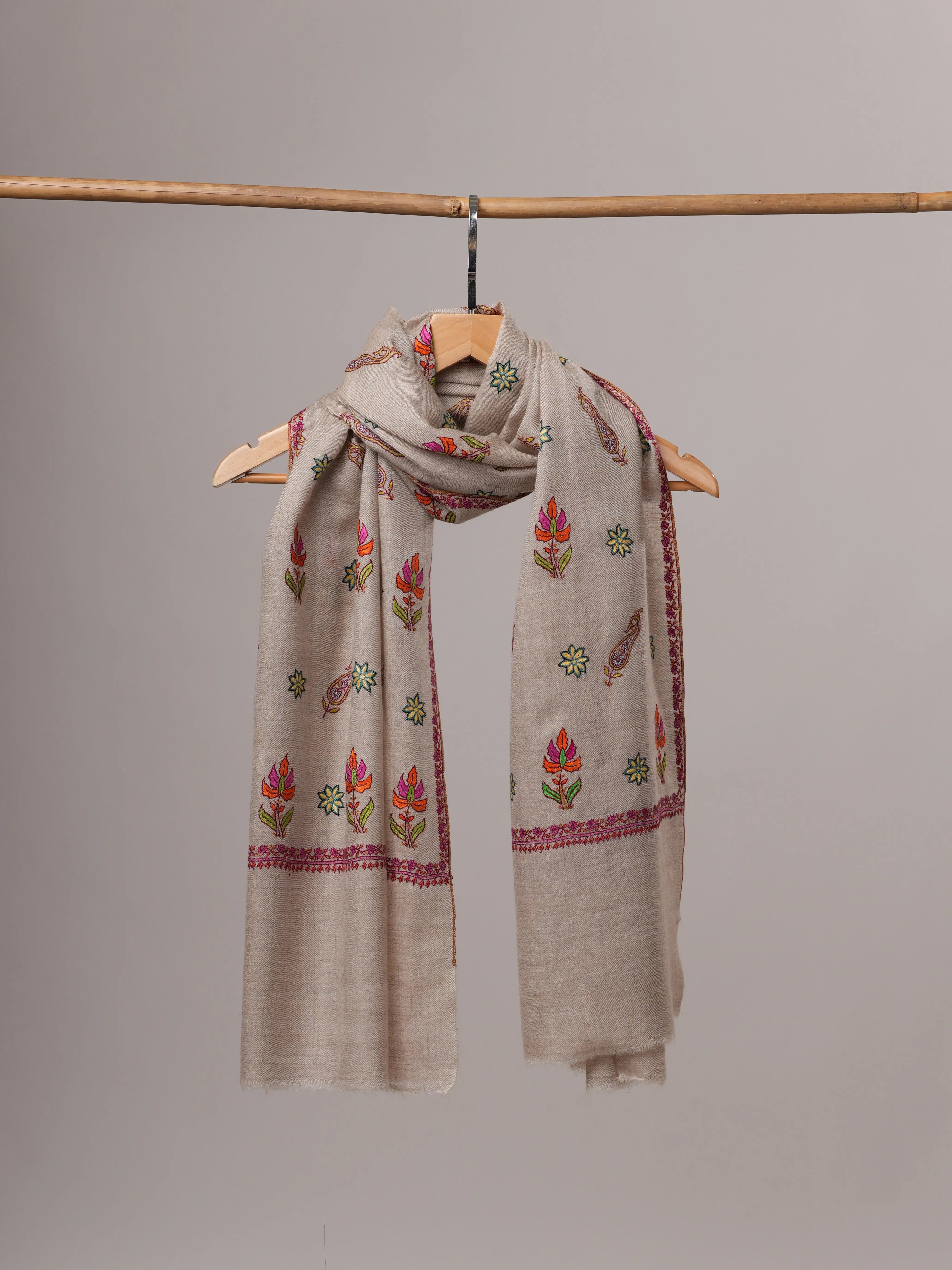 Natural Grey Cashmere Scarf with All-Over Buteh Sozni Embroidery Shahkaar
