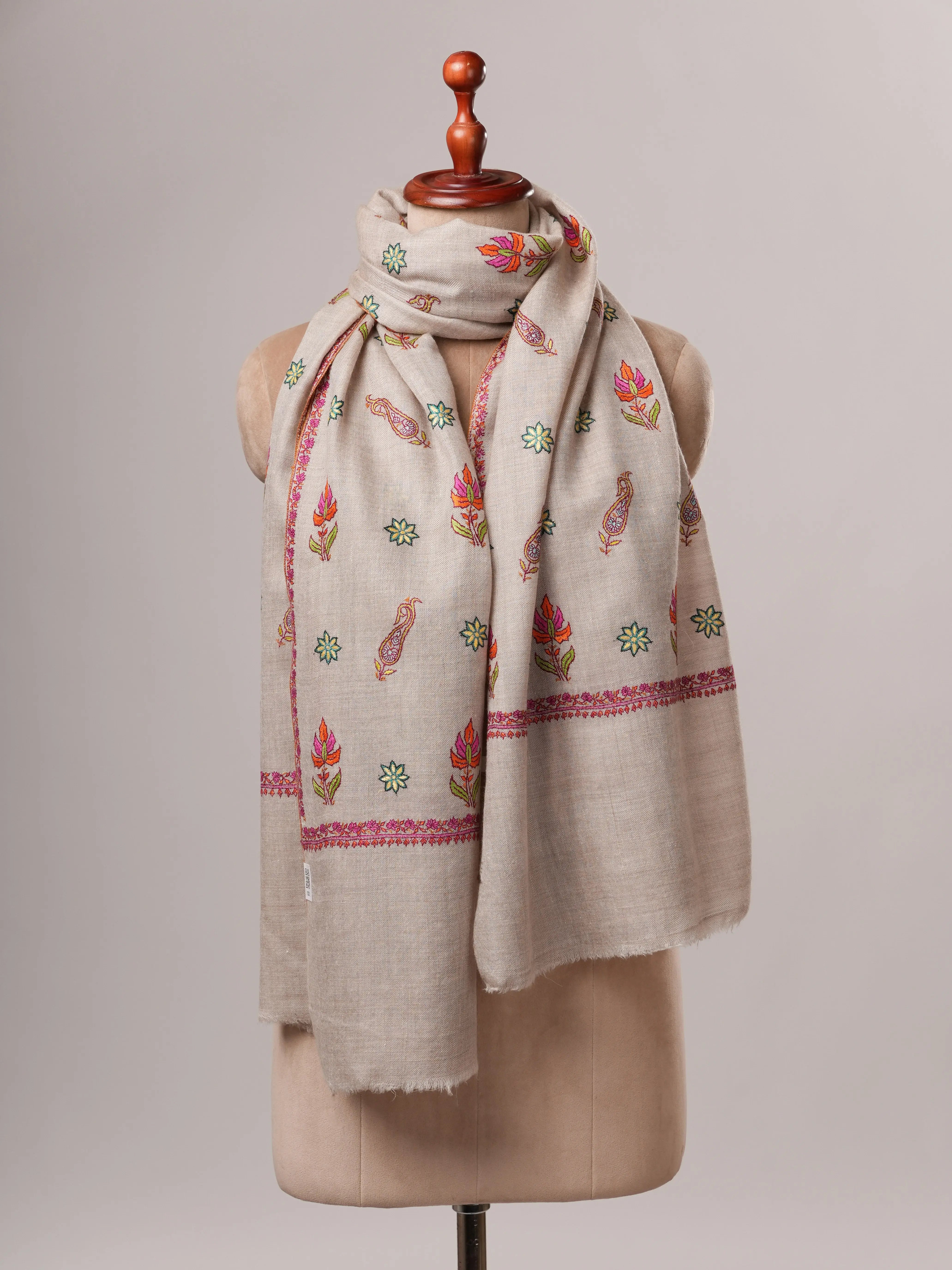 Natural Grey Cashmere Scarf with All-Over Buteh Sozni Embroidery Shahkaar