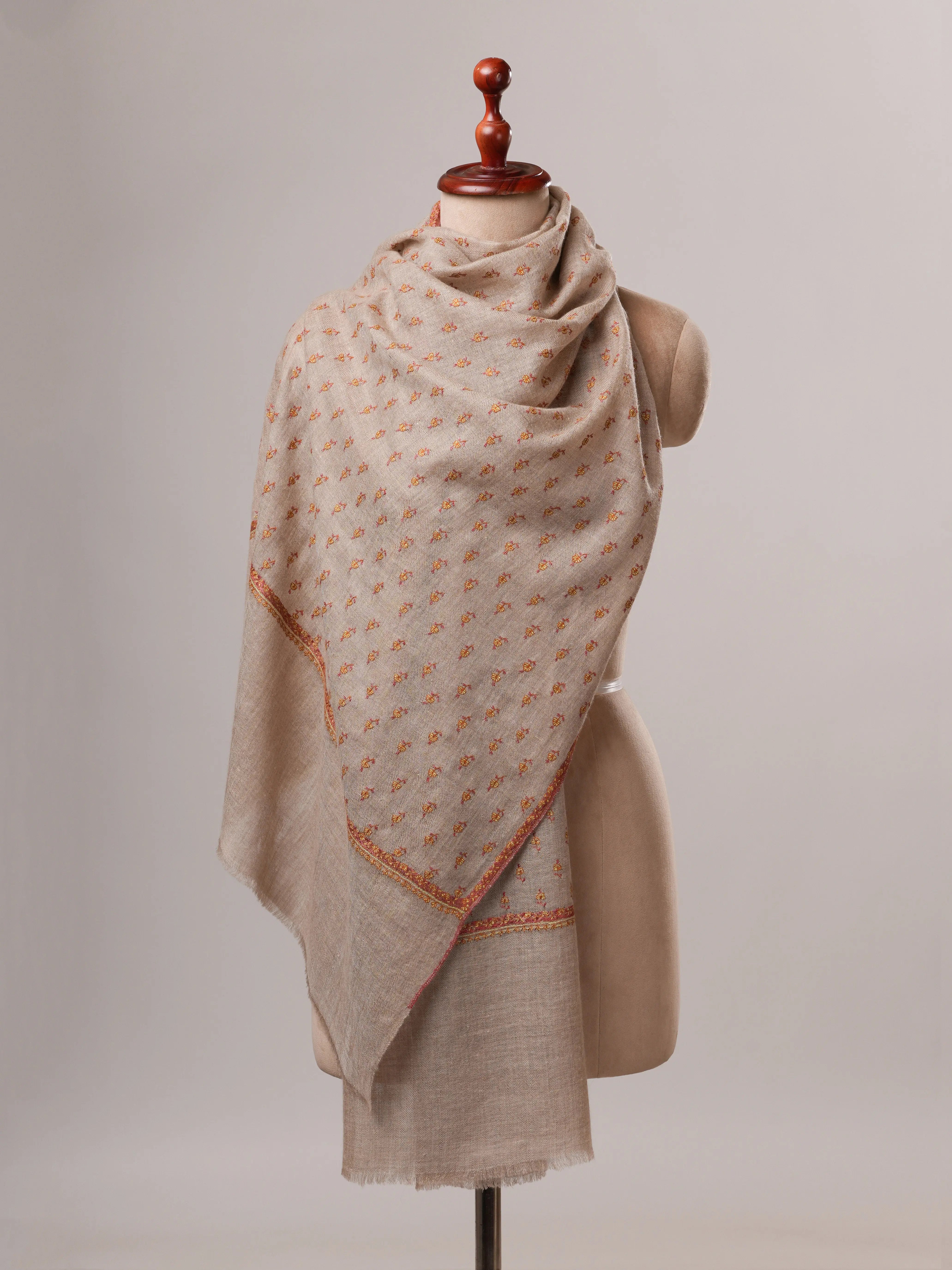 Natural Grey Cashmere Scarf with All-Over Machie Buteh Hand Embroidery Shahkaar