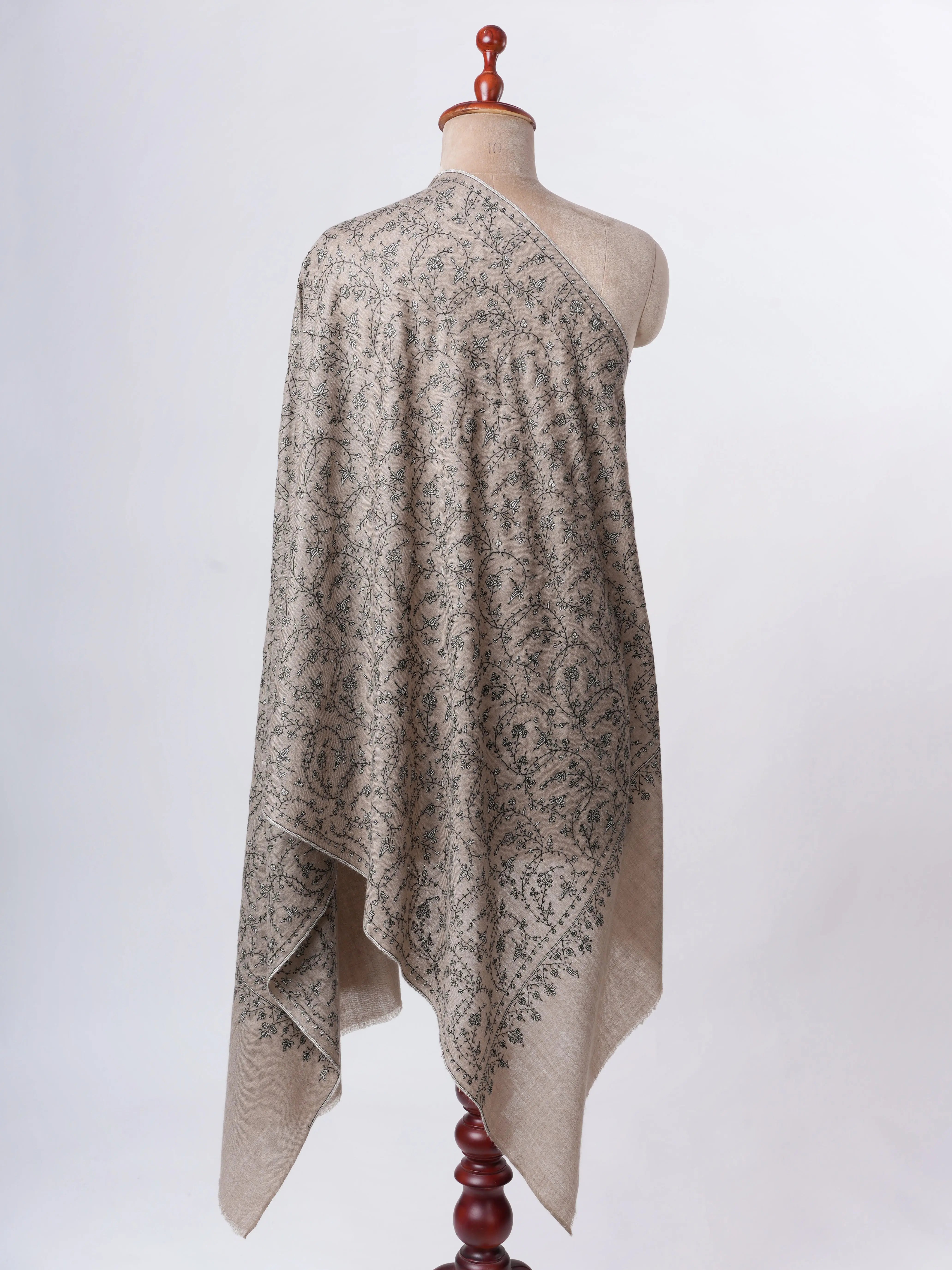 Natural Grey Cashmere Scarf with Black White Needlework – Warm Elegant Handcrafted Shahkaar