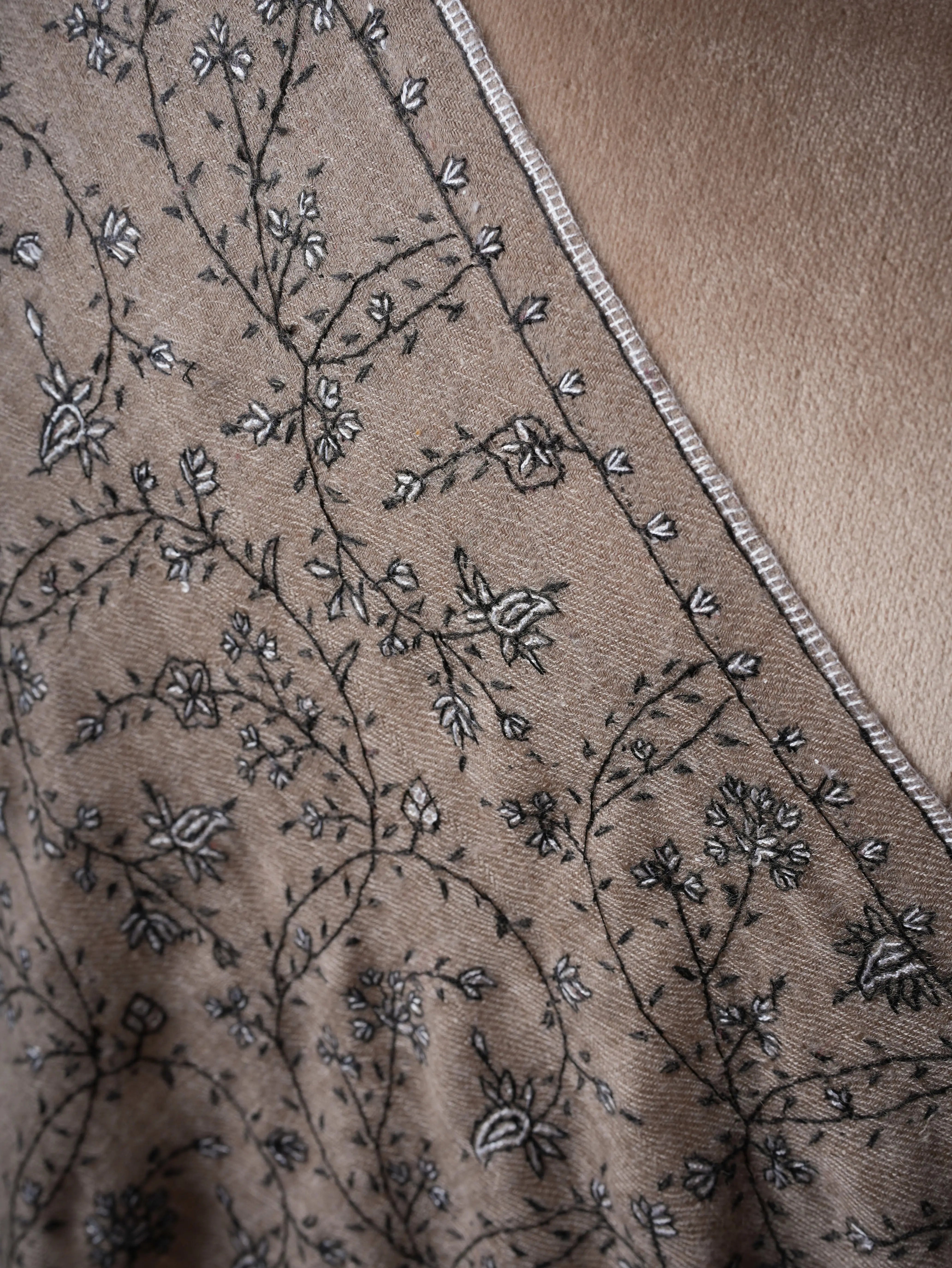 Natural Grey Cashmere Scarf with Black White Needlework – Warm Elegant Handcrafted Shahkaar