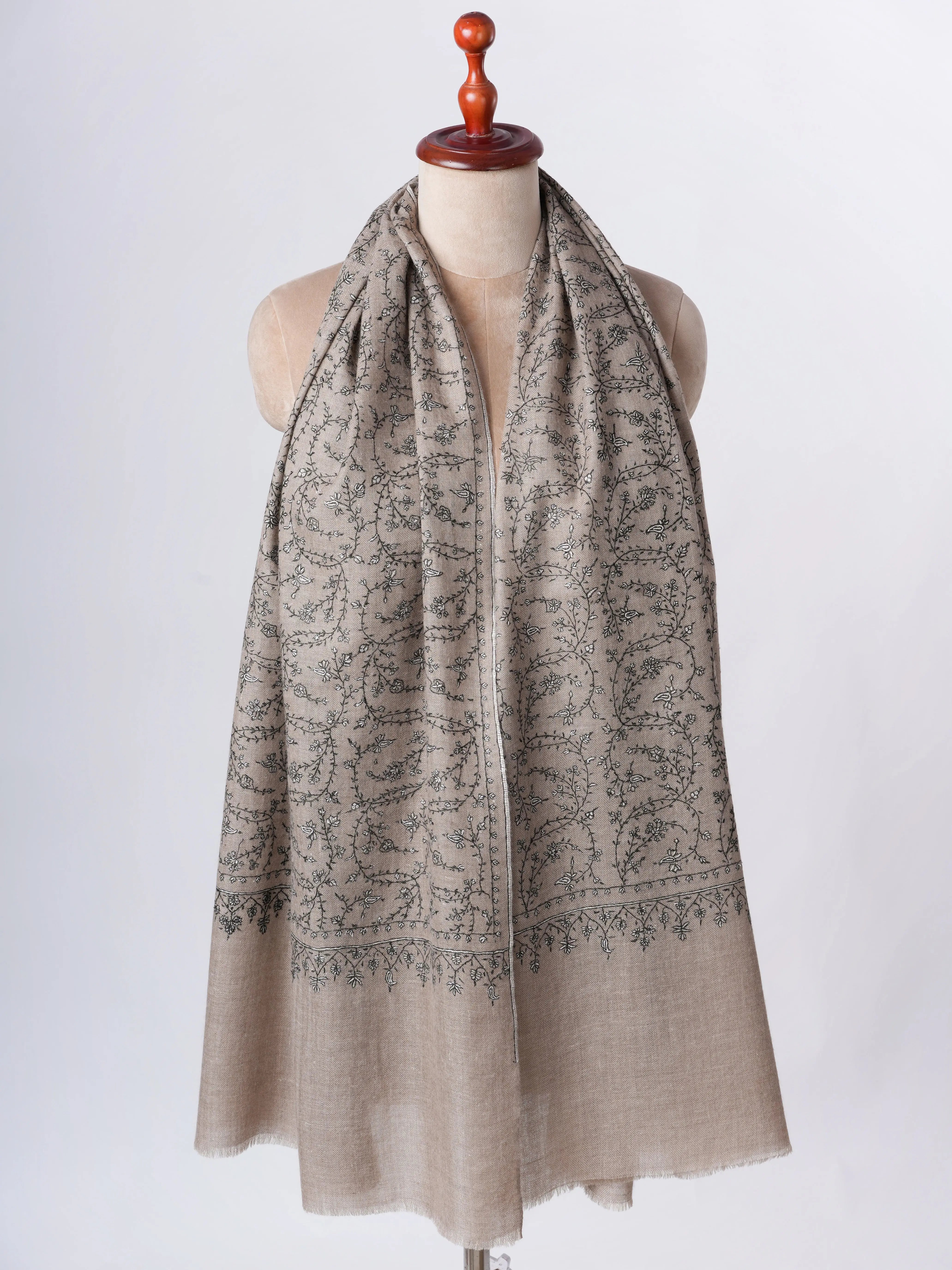 Natural Grey Cashmere Scarf with Black White Needlework – Warm Elegant Handcrafted Shahkaar