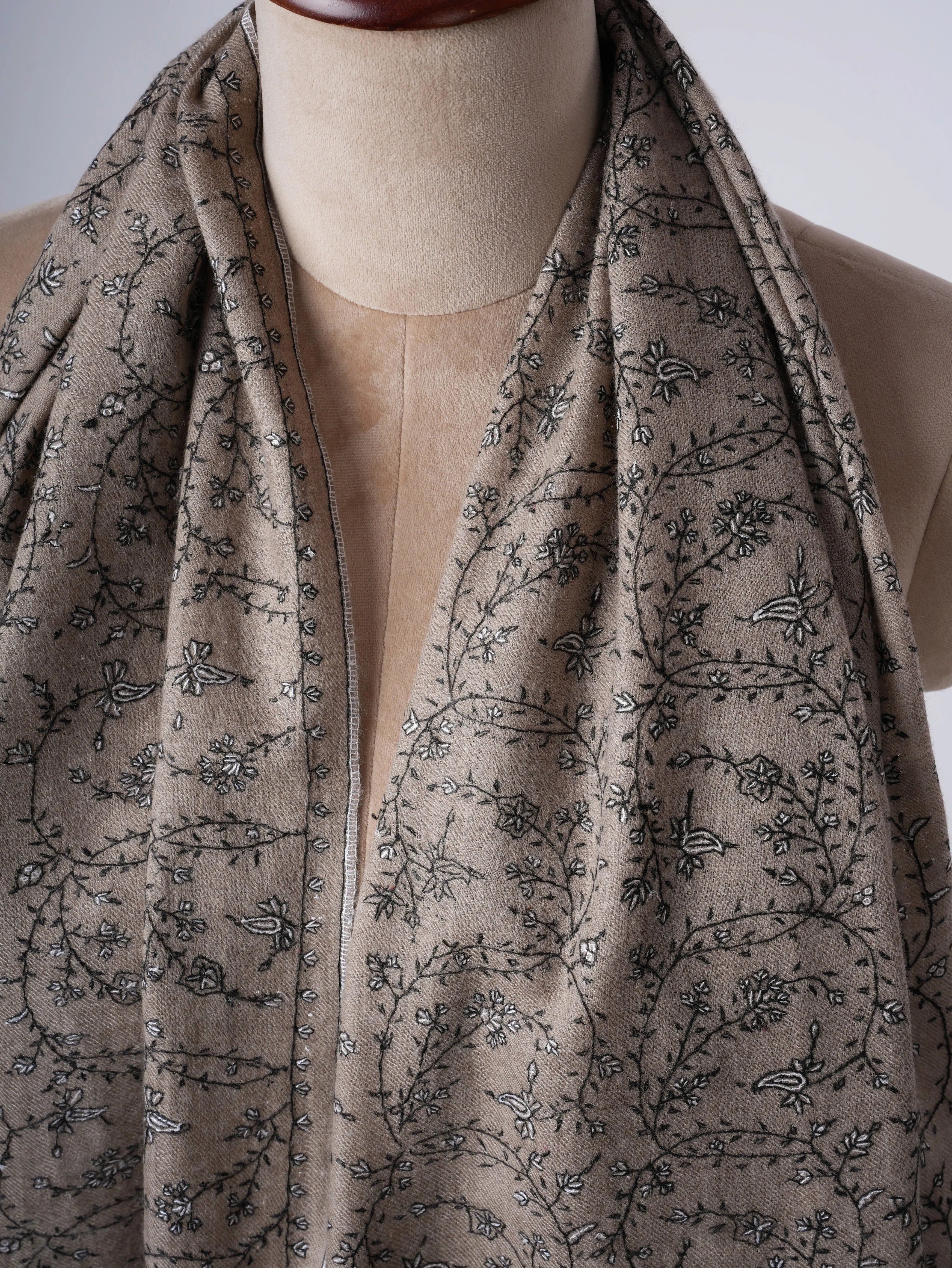 Natural Grey Cashmere Scarf with Black White Needlework – Warm Elegant Handcrafted Shahkaar