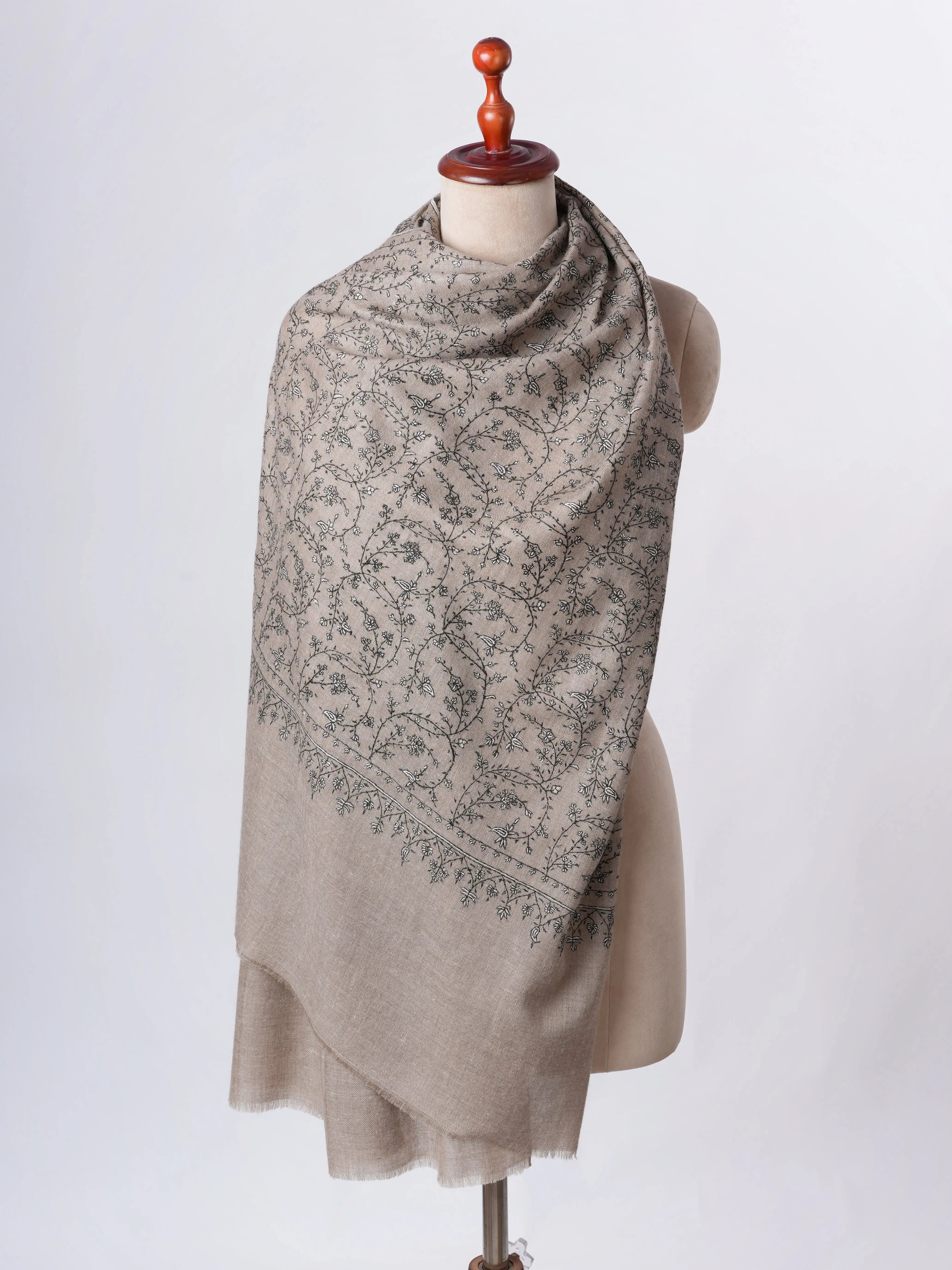 Natural Grey Cashmere Scarf with Black White Needlework – Warm Elegant Handcrafted Shahkaar
