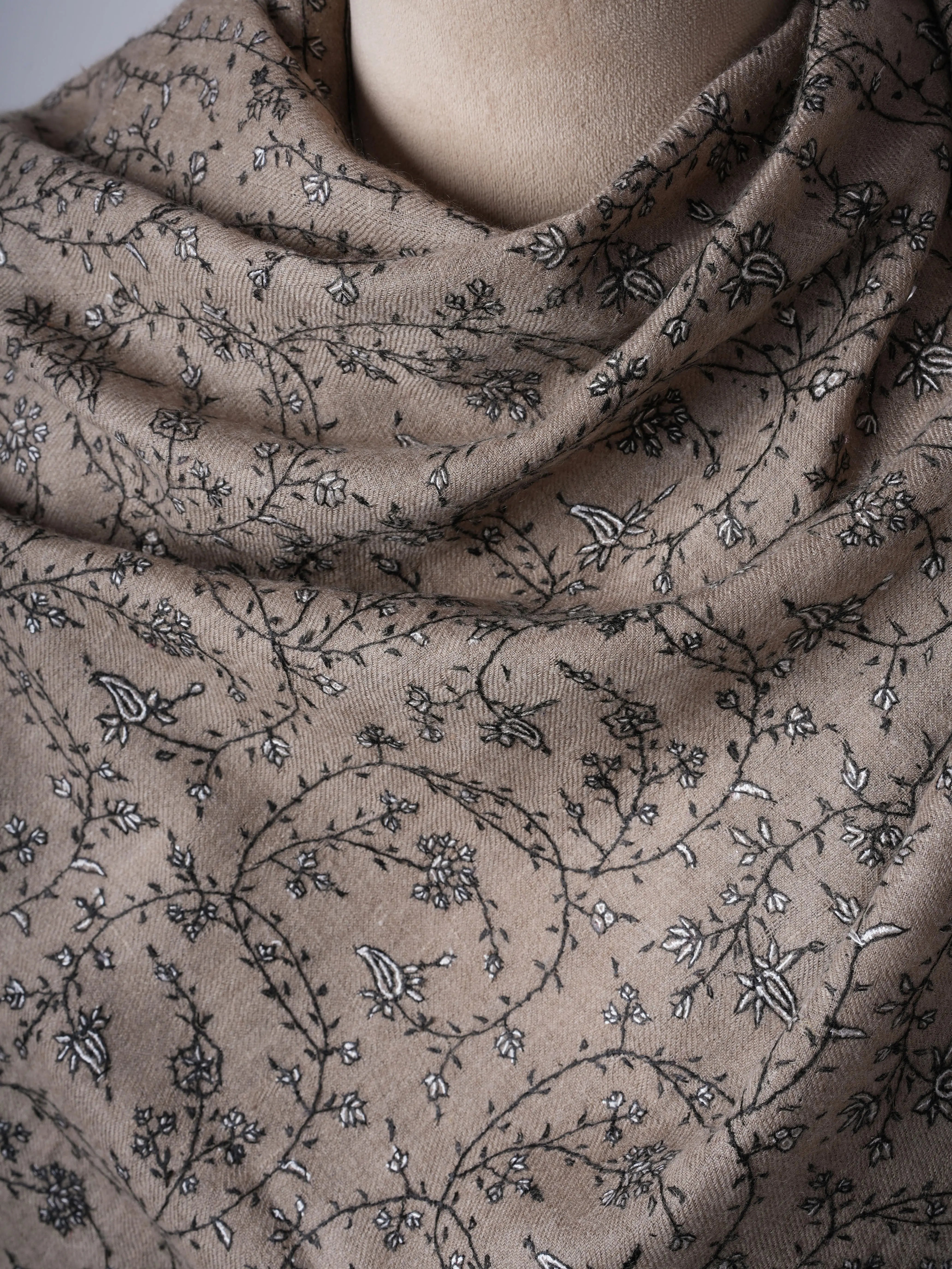 Natural Grey Cashmere Scarf with Black White Needlework – Warm Elegant Handcrafted Shahkaar