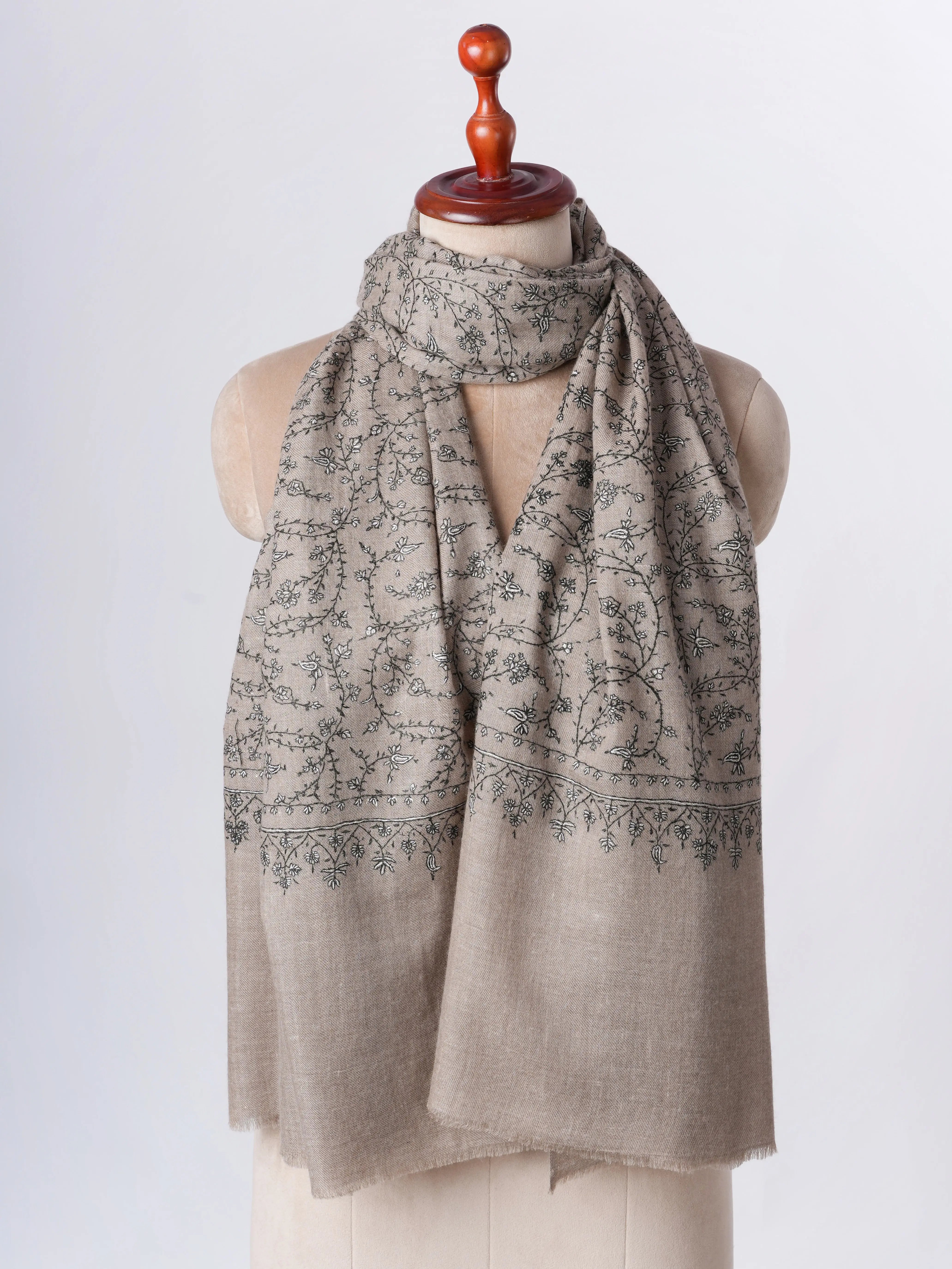 Natural Grey Cashmere Scarf with Black White Needlework – Warm Elegant Handcrafted Shahkaar