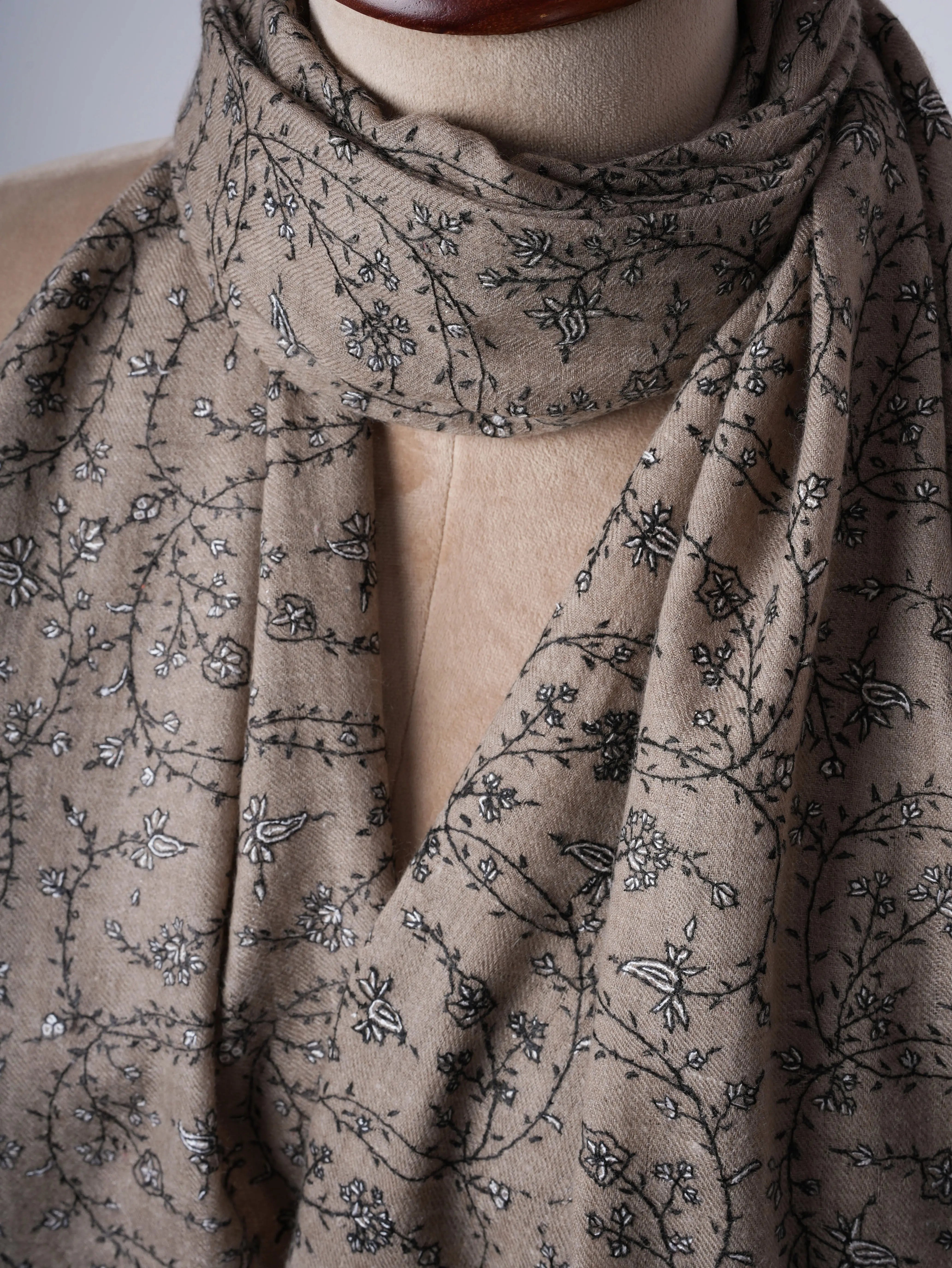 Natural Grey Cashmere Scarf with Black White Needlework – Warm Elegant Handcrafted Shahkaar