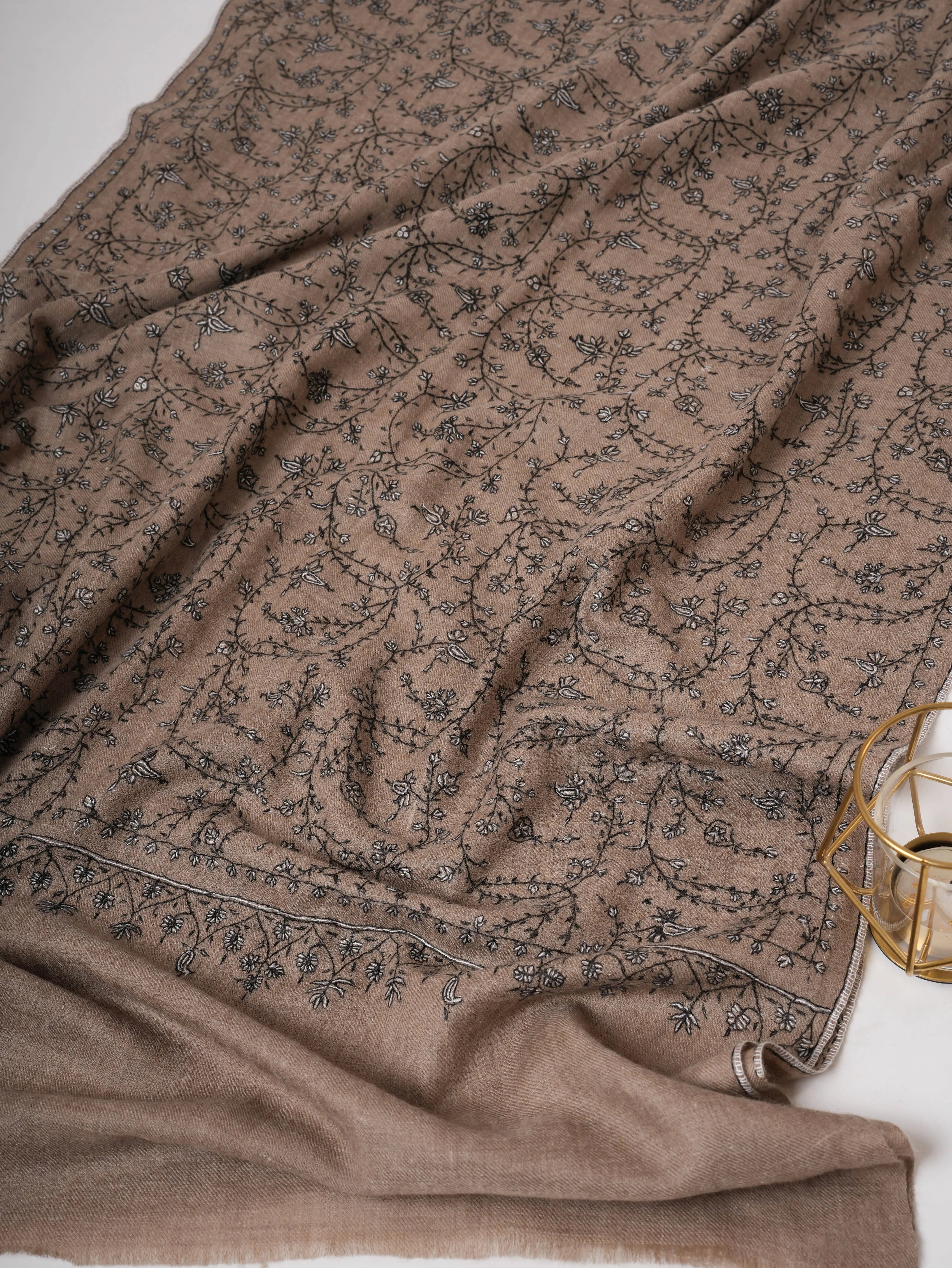 Natural Grey Cashmere Scarf with Black White Needlework – Warm Elegant Handcrafted Shahkaar