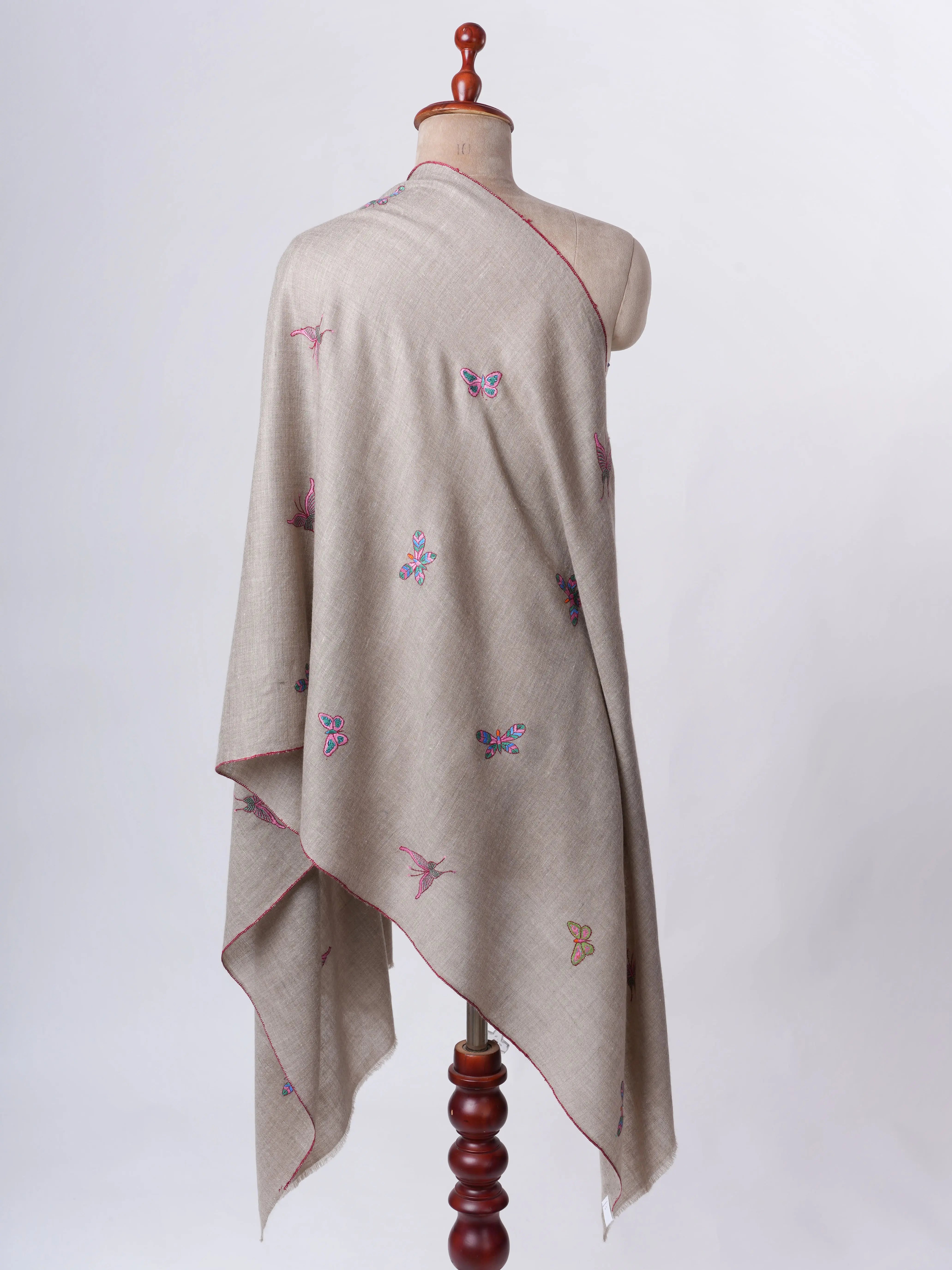 Natural Grey Cashmere Scarf with Butterfly Motif Hand Embroidery – Artisan Made Luxury Shahkaar