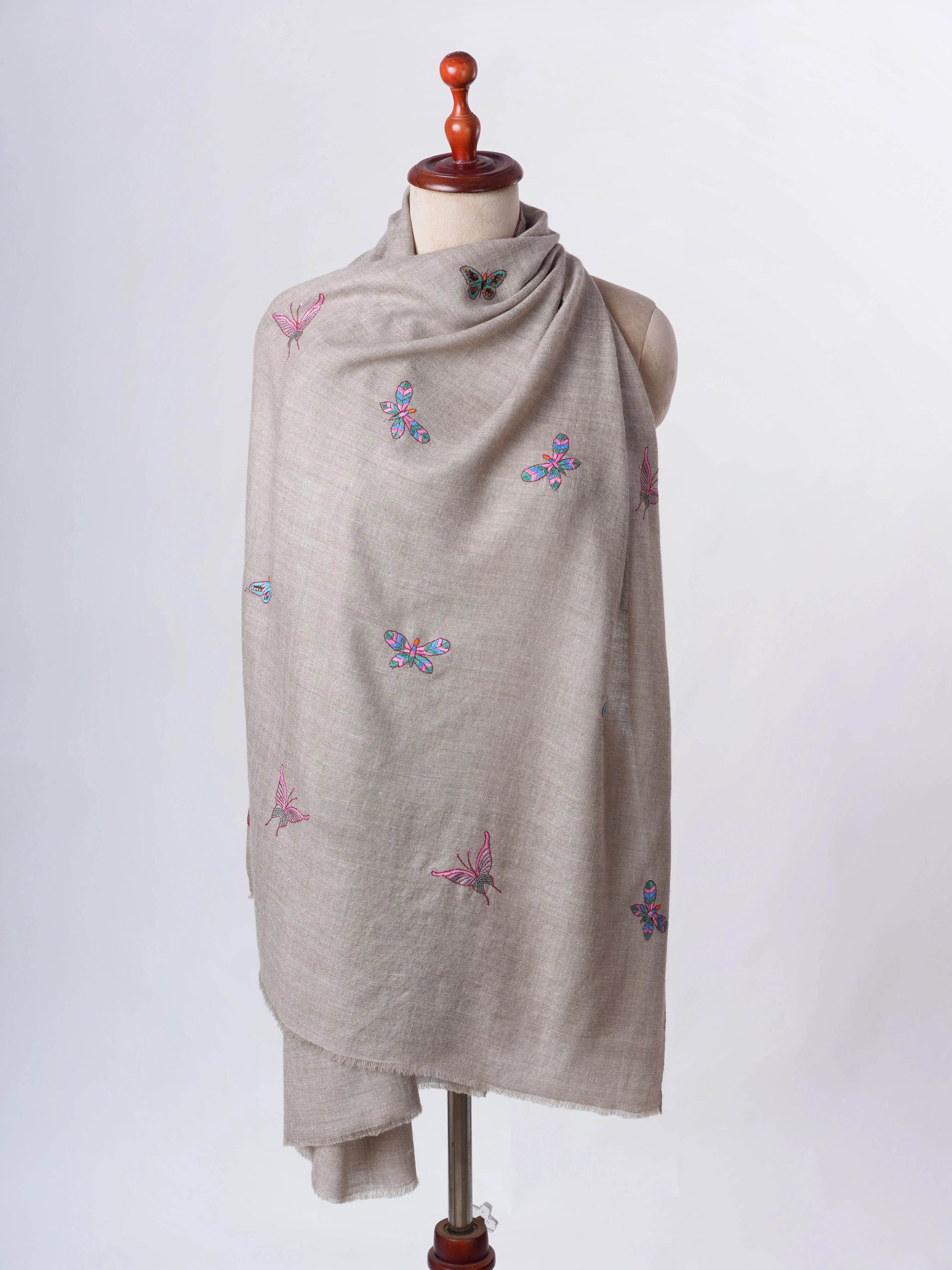 Natural Grey Cashmere Scarf with Butterfly Motif Hand Embroidery – Artisan Made Luxury Shahkaar