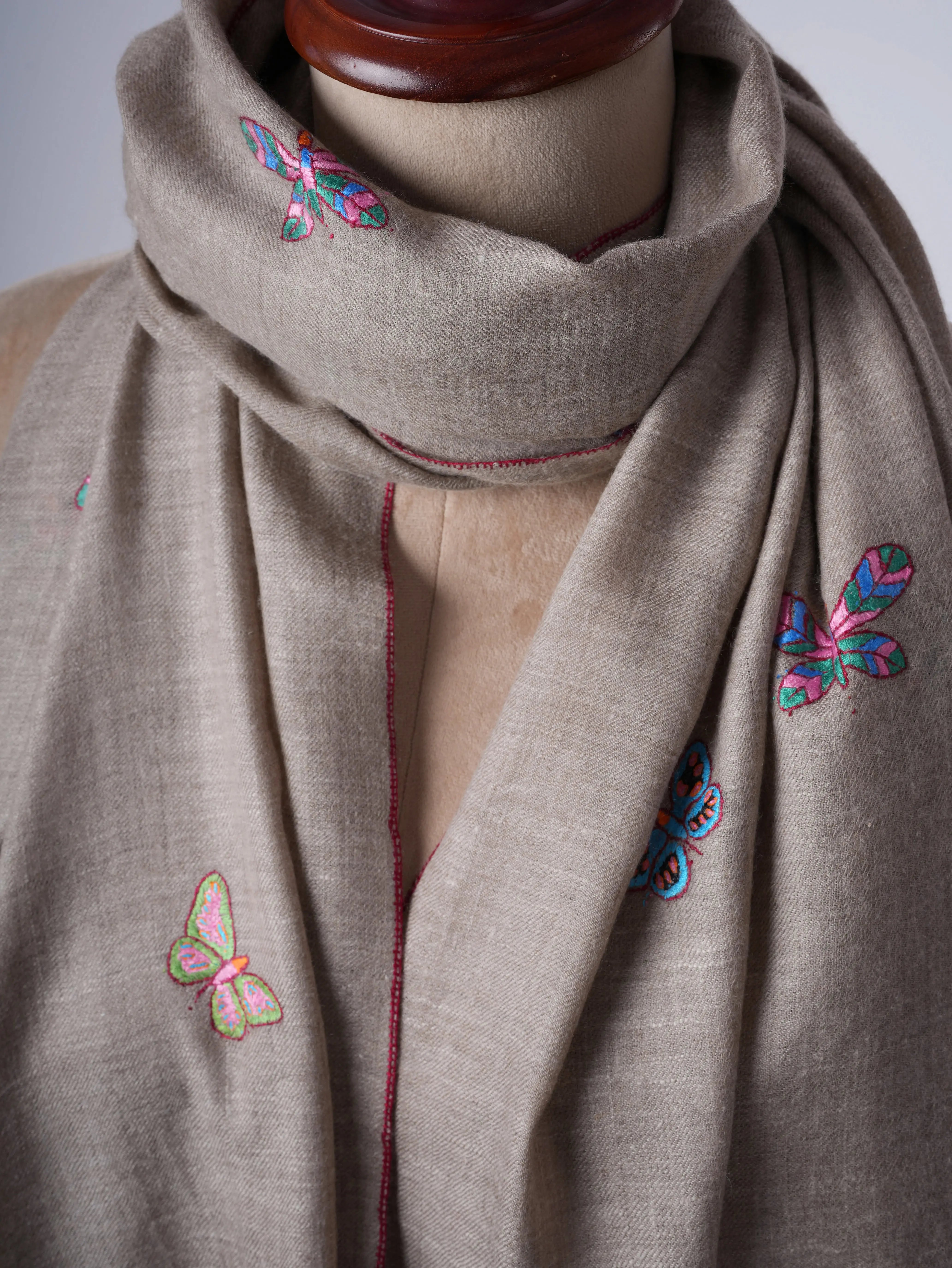 Natural Grey Cashmere Scarf with Butterfly Motif Hand Embroidery – Artisan Made Luxury Shahkaar