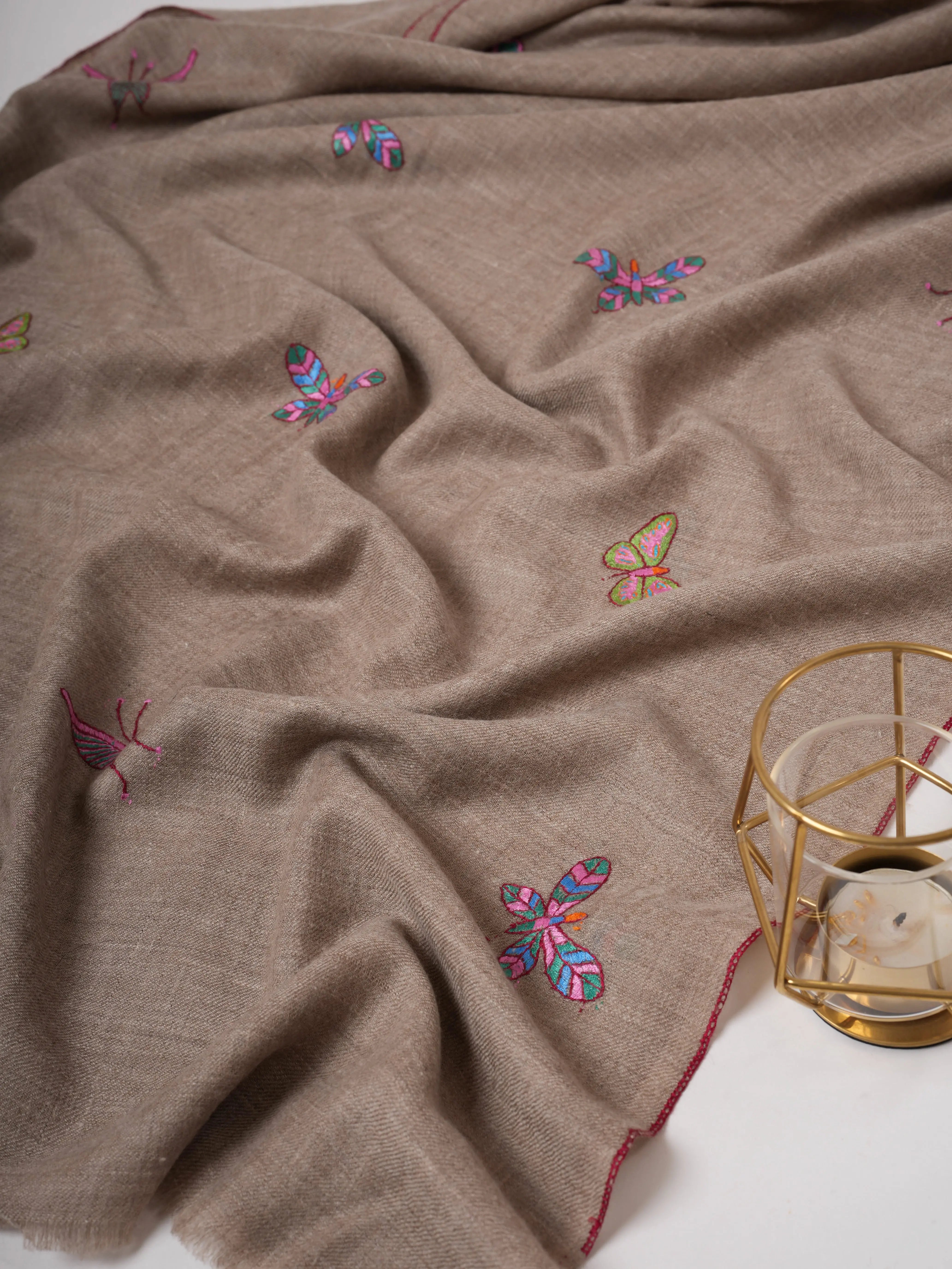 Natural Grey Cashmere Scarf with Butterfly Motif Hand Embroidery – Artisan Made Luxury Shahkaar