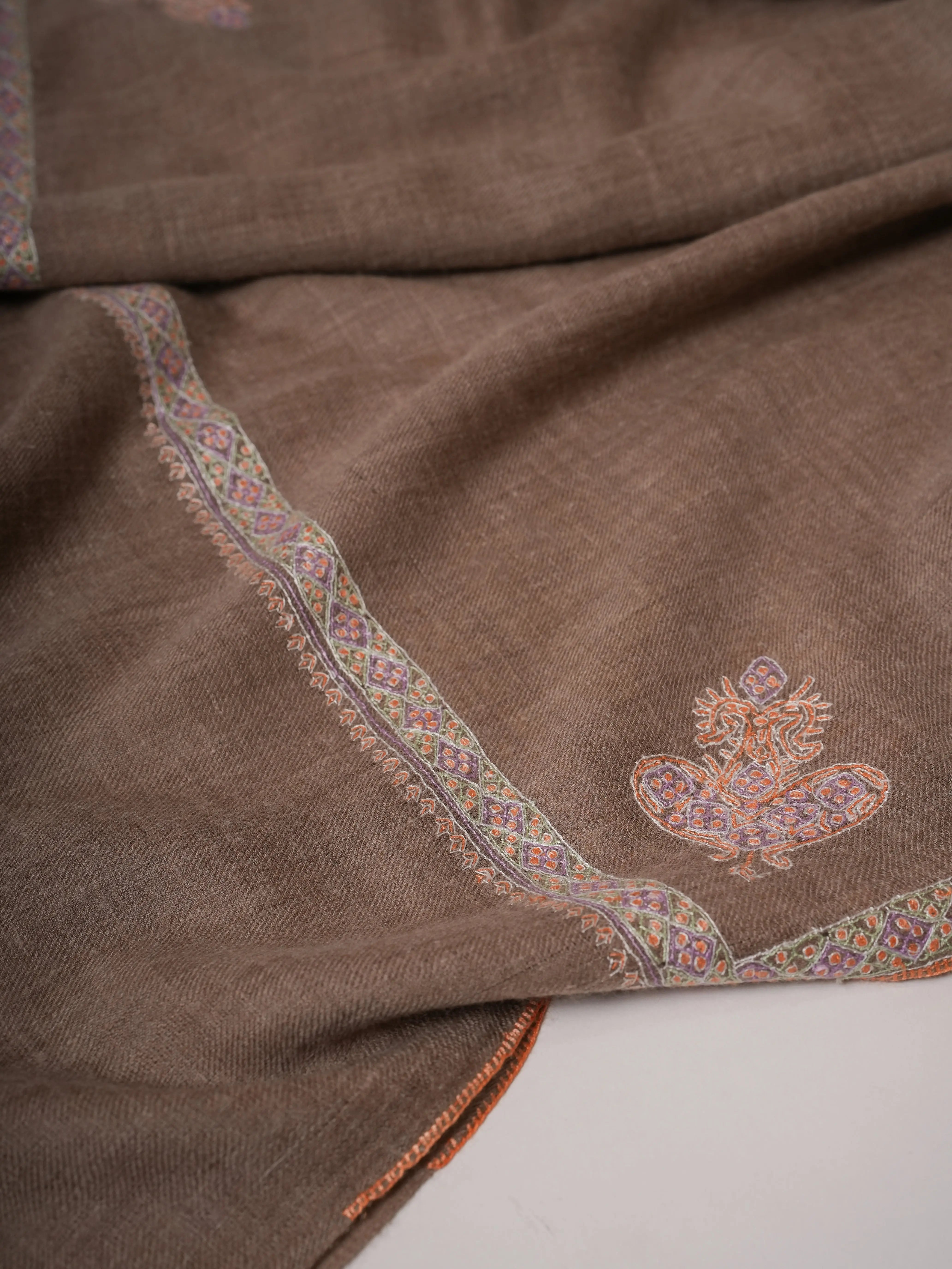 Natural Grey Cashmere Scarf with Hashia Hand Embroidery & Corner Paisley Shahkaar