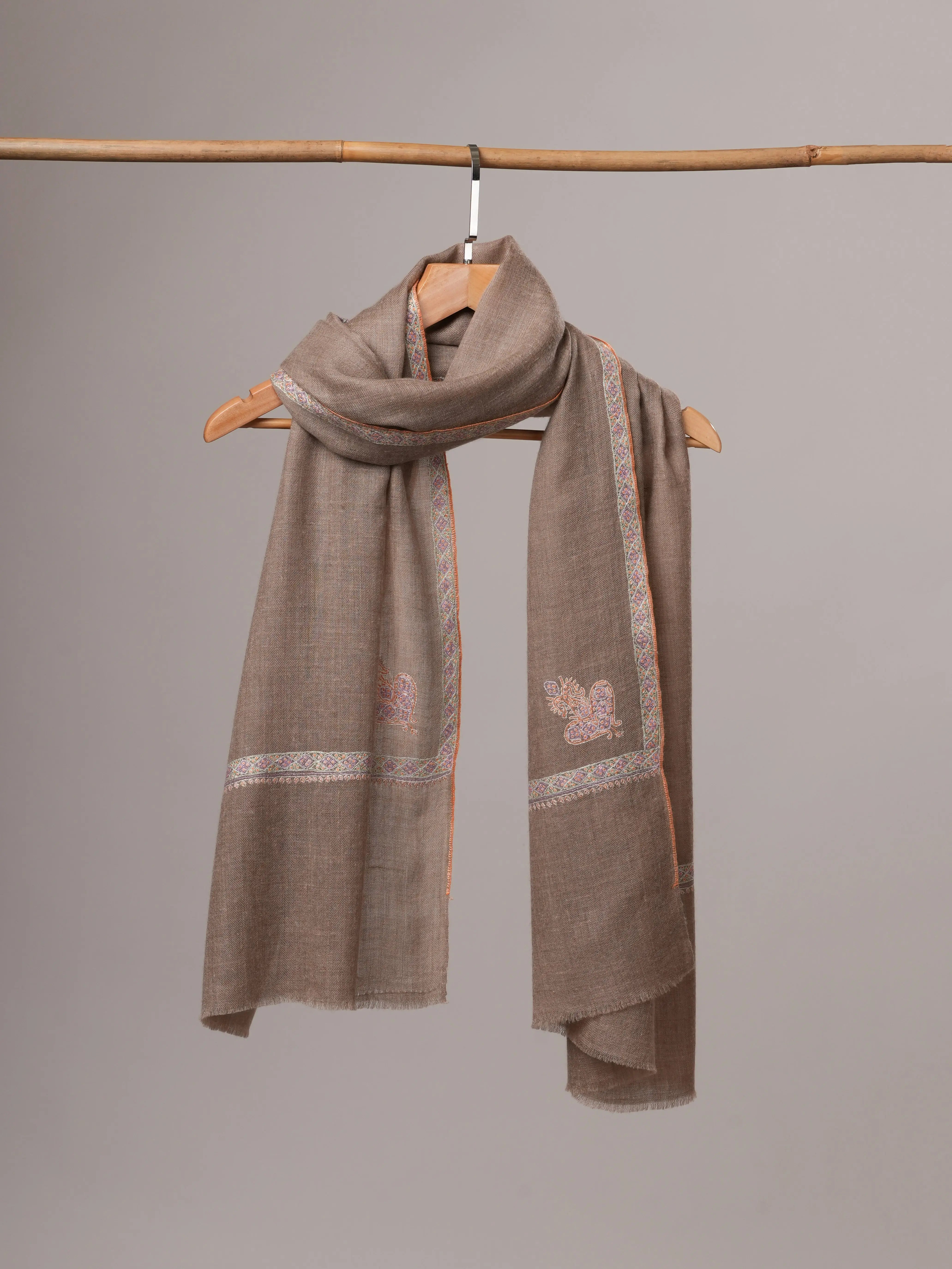 Natural Grey Cashmere Scarf with Hashia Hand Embroidery & Corner Paisley Shahkaar