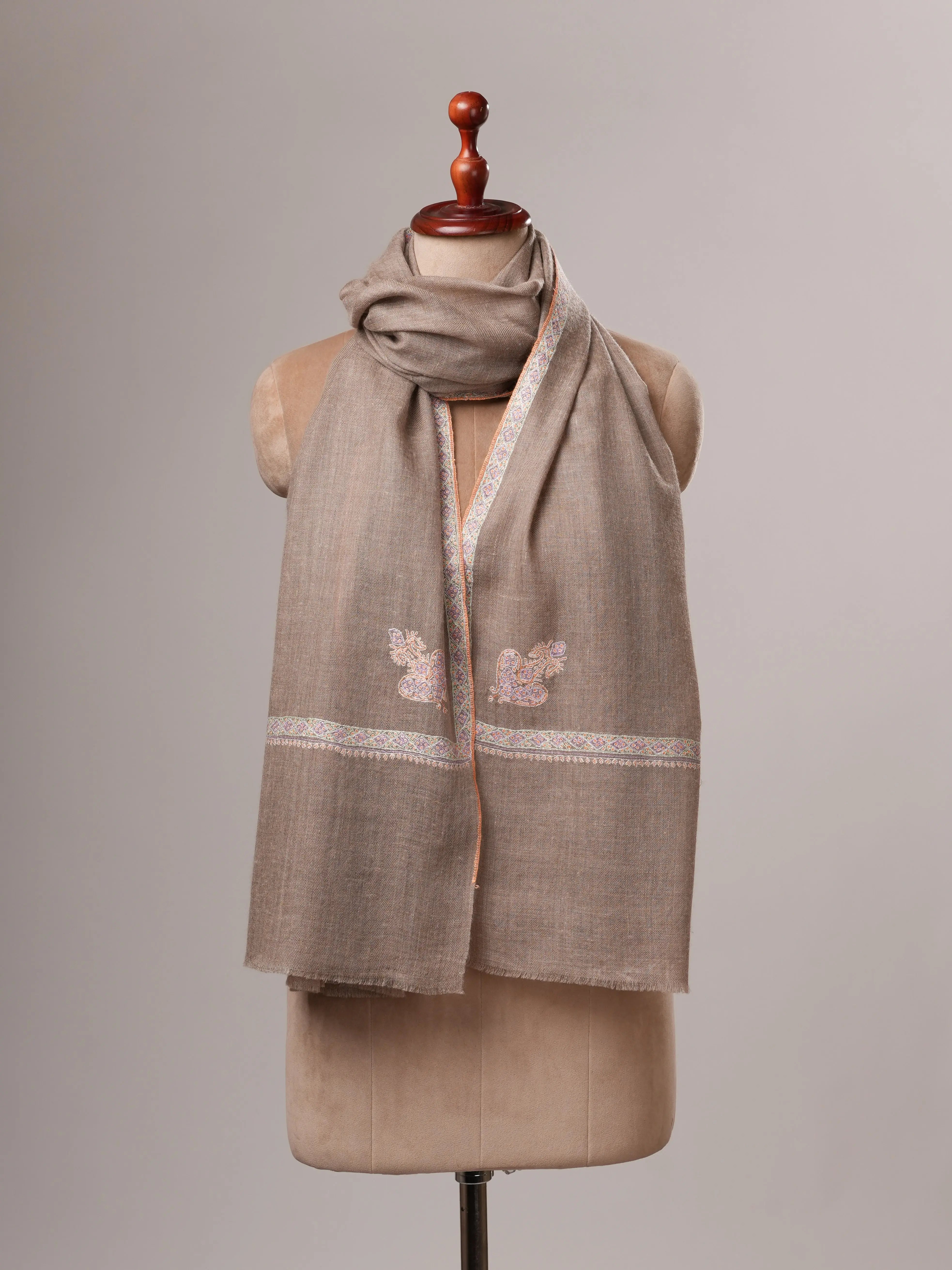 Natural Grey Cashmere Scarf with Hashia Hand Embroidery & Corner Paisley Shahkaar